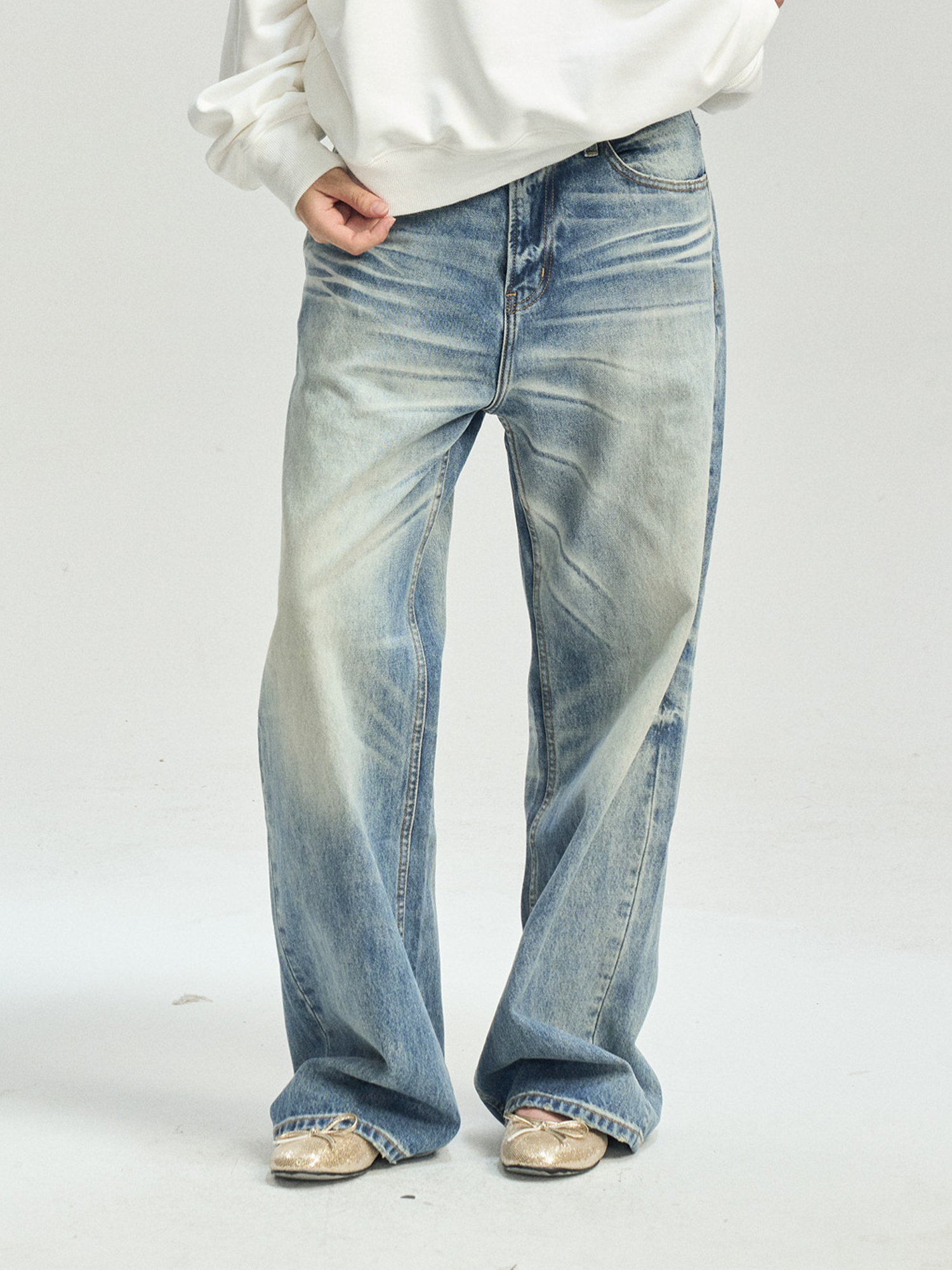 パンツ STUDIO DOE Washed straight leg pants S+ LEONSENSE Whiskering Washed Straight-Leg Jeans