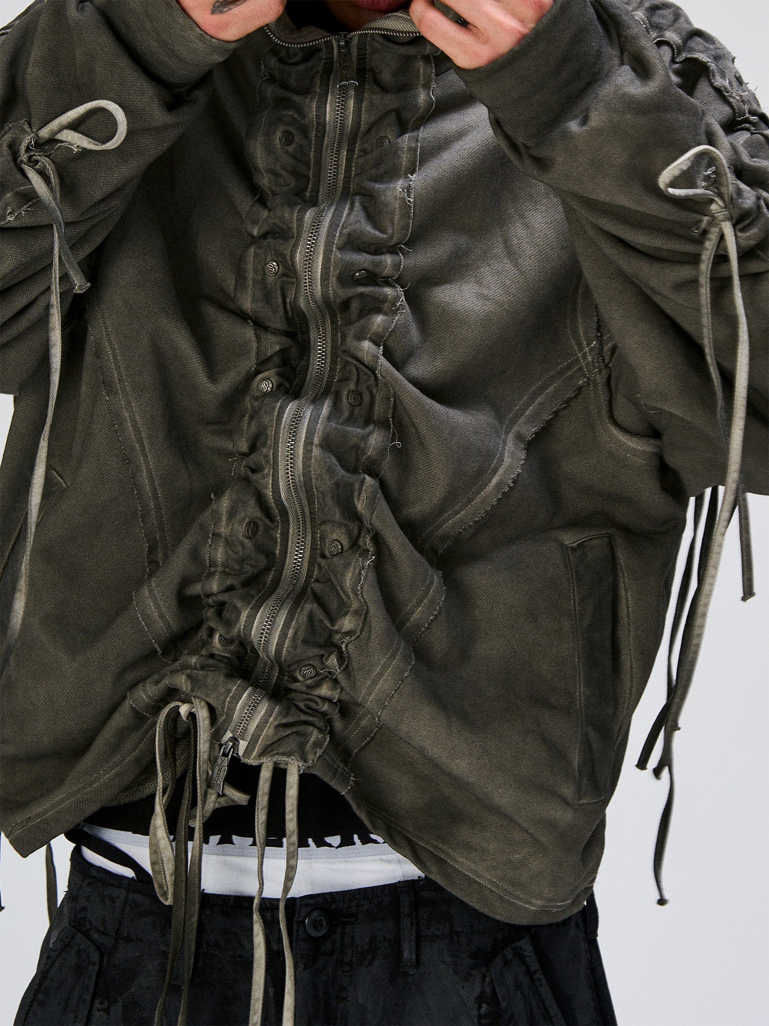 FLYERRER Distressed Drawstring Ruched Hooded Jacket, premium urban and streetwear designers apparel on PROJECTISR.com, FLYERRER