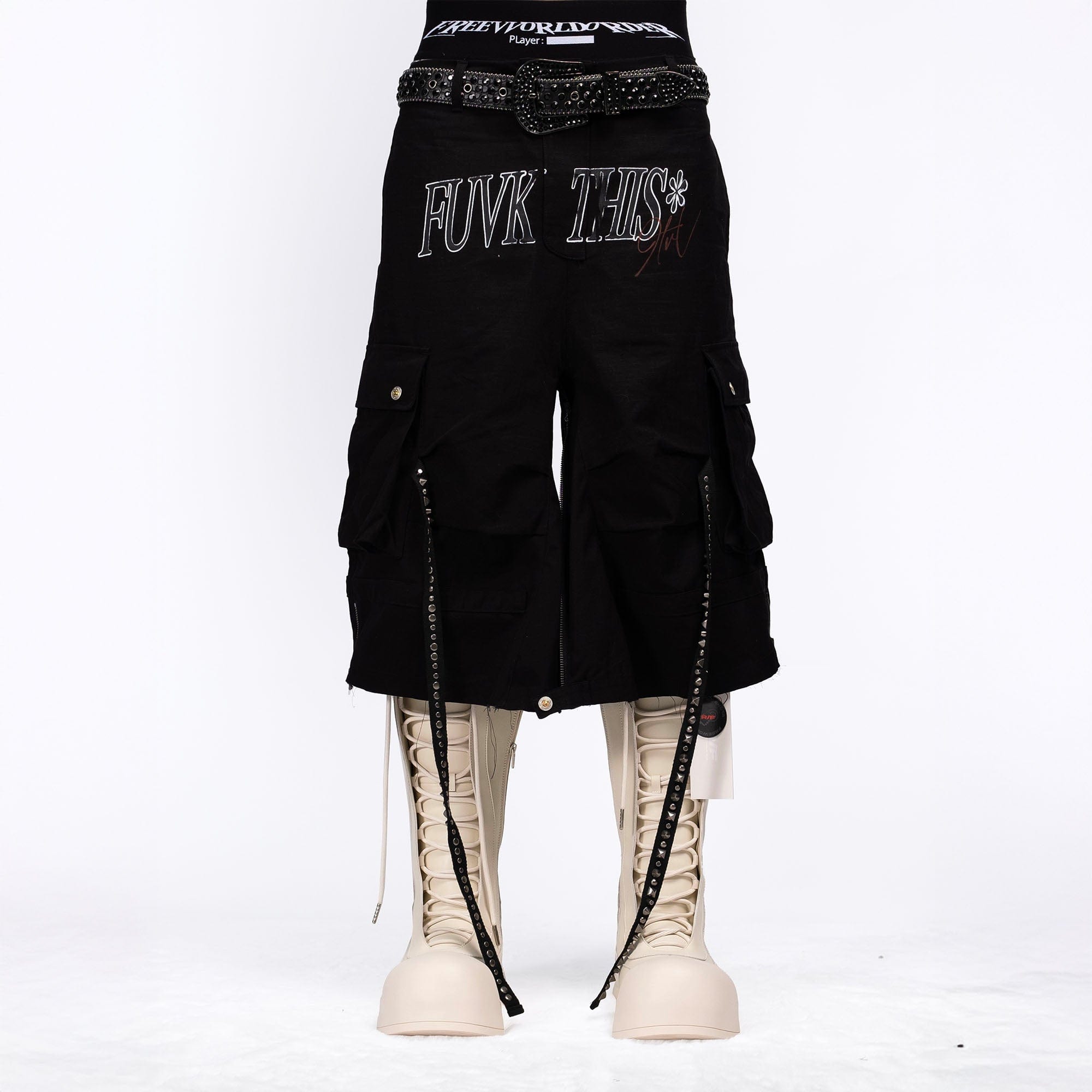 FVVO Distressed Rivet Strap Cargo Shorts Black, premium urban and streetwear designers apparel on PROJECTISR.com, FVVO