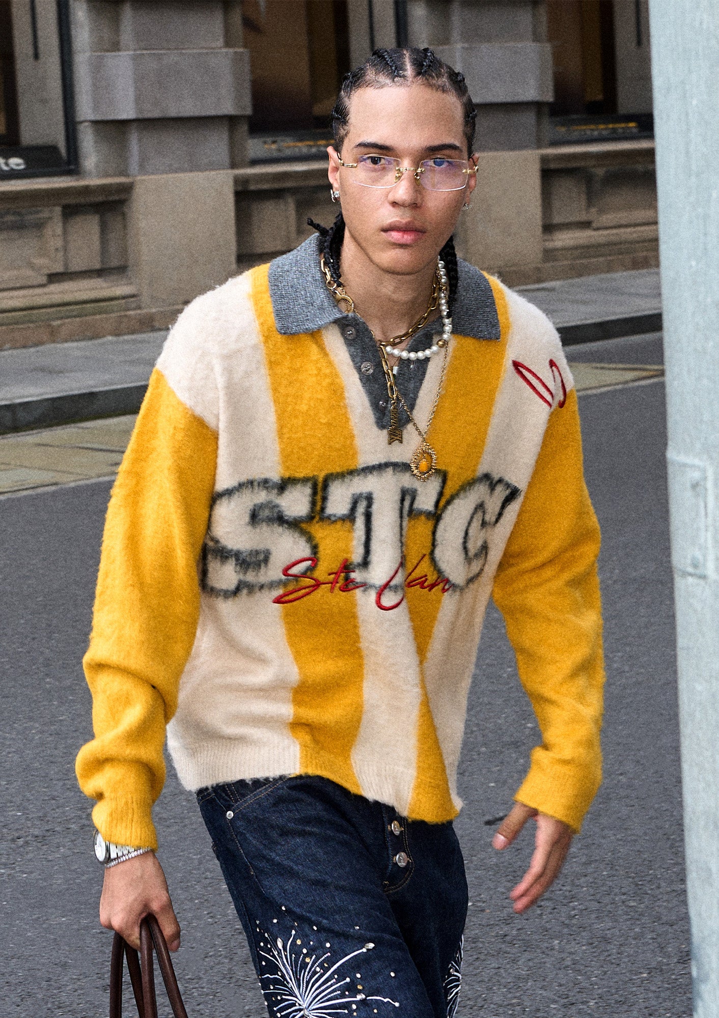 STEEPC Striped Embroidered Fuzzy Polo Sweater, premium urban and streetwear designers apparel on PROJECTISR.com, STEEPC
