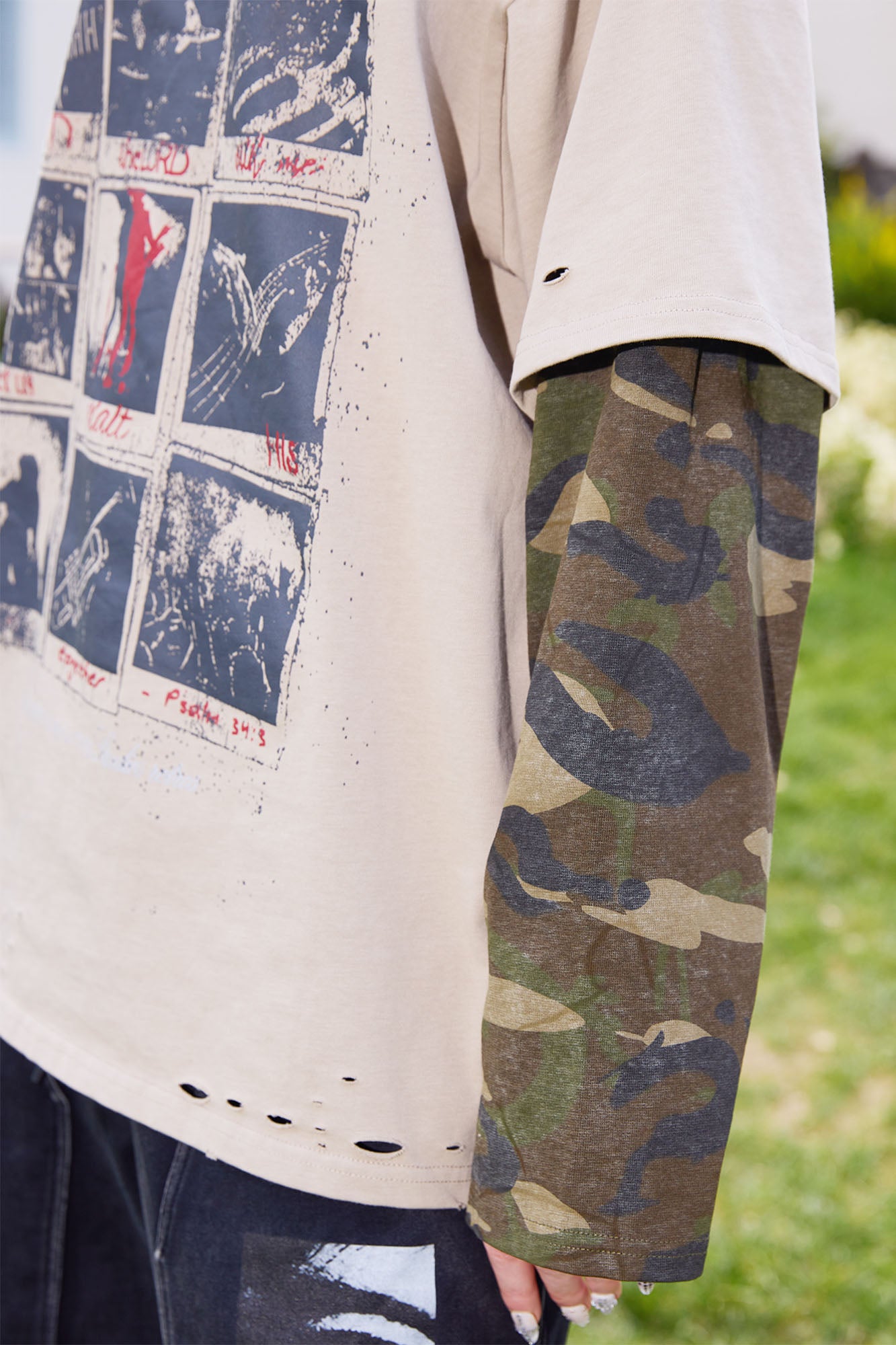 ERROR CODE ROBOT Camo Layered Distressed Long-Sleeve Tee