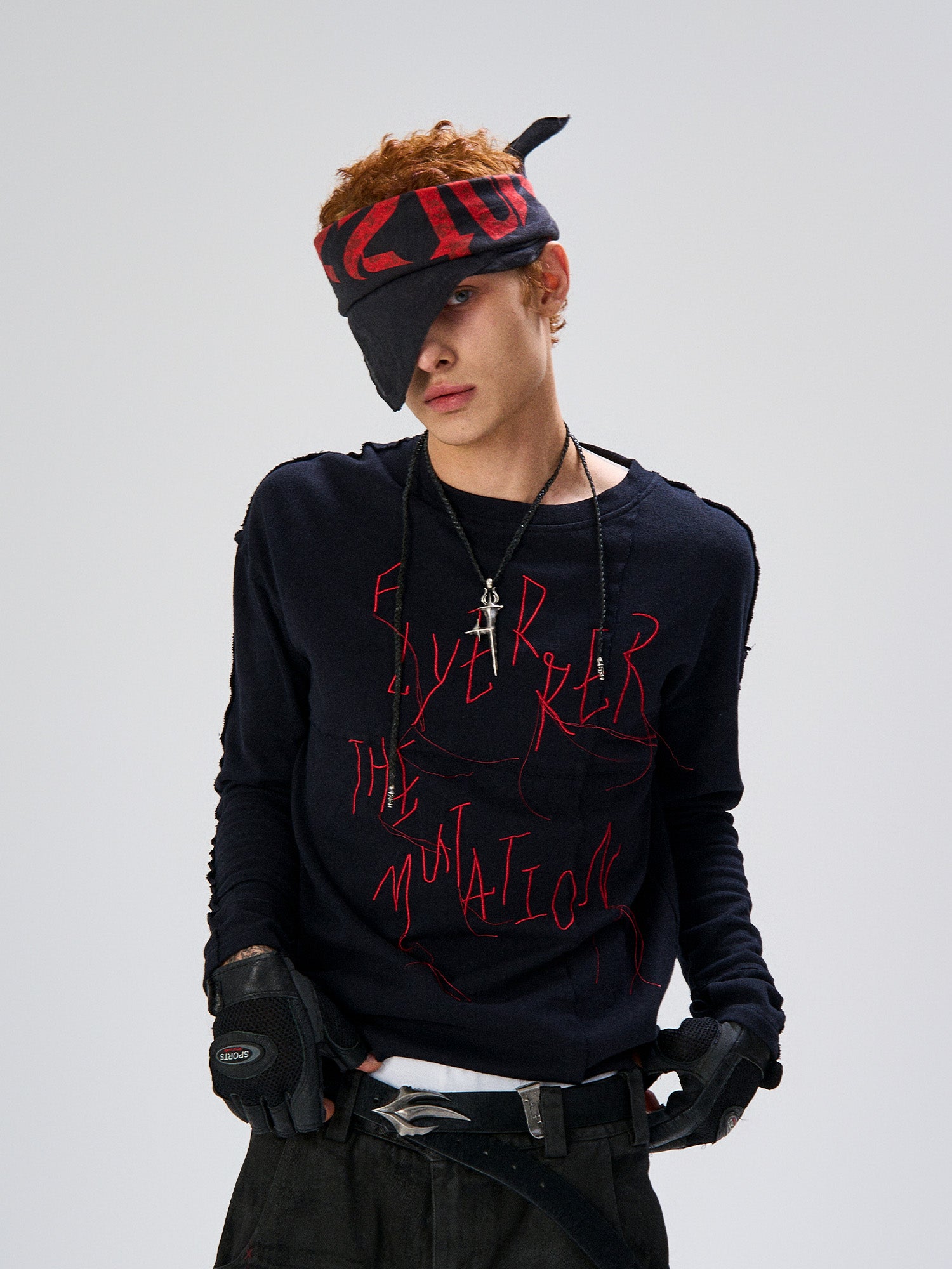 FLYERRER Cross-Panel Contrast Frayed Embroidered Long-Sleeve Tee, premium urban and streetwear designers apparel on PROJECTISR.com, FLYERRER
