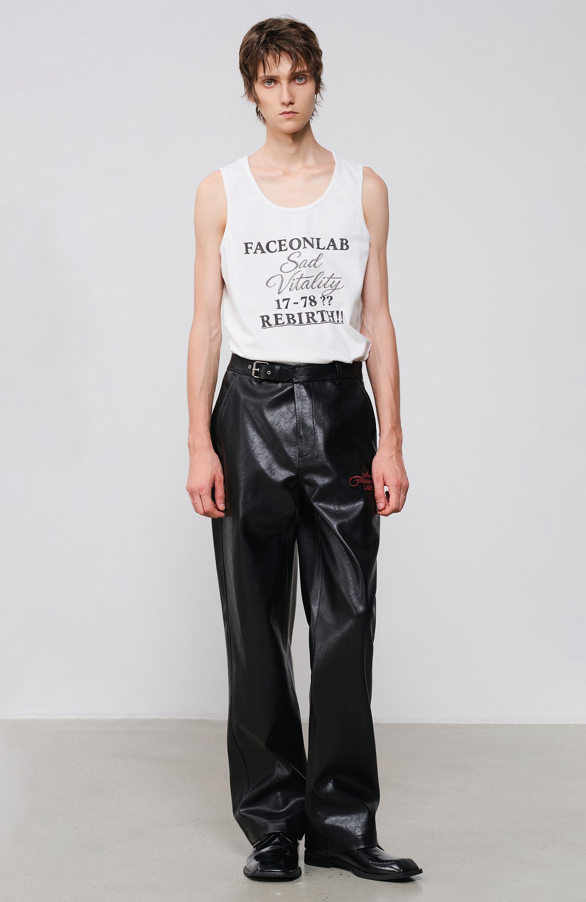 FACEONLAB Embroidered Straight-Leg Faux Leather Pants