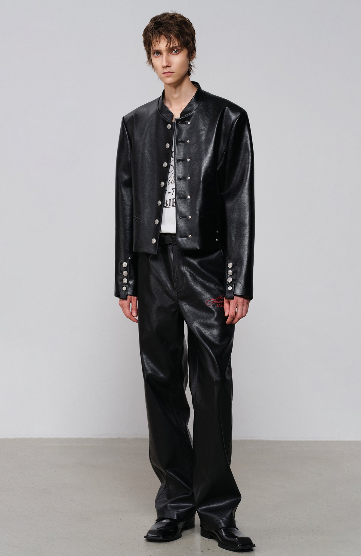 FACEONLAB Embroidered Straight-Leg Faux Leather Pants