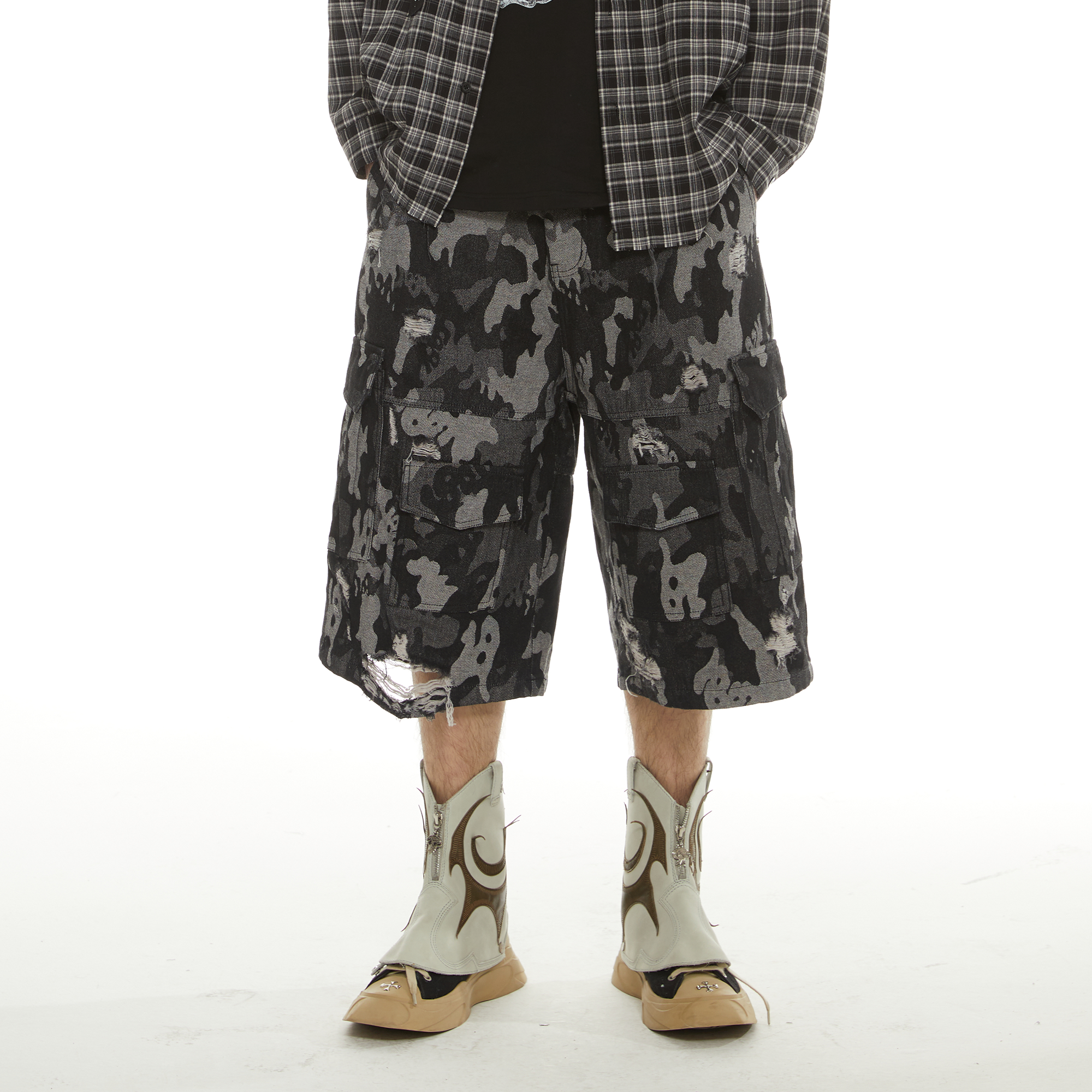 PASET Retro Distressed Camo Cargo Shorts