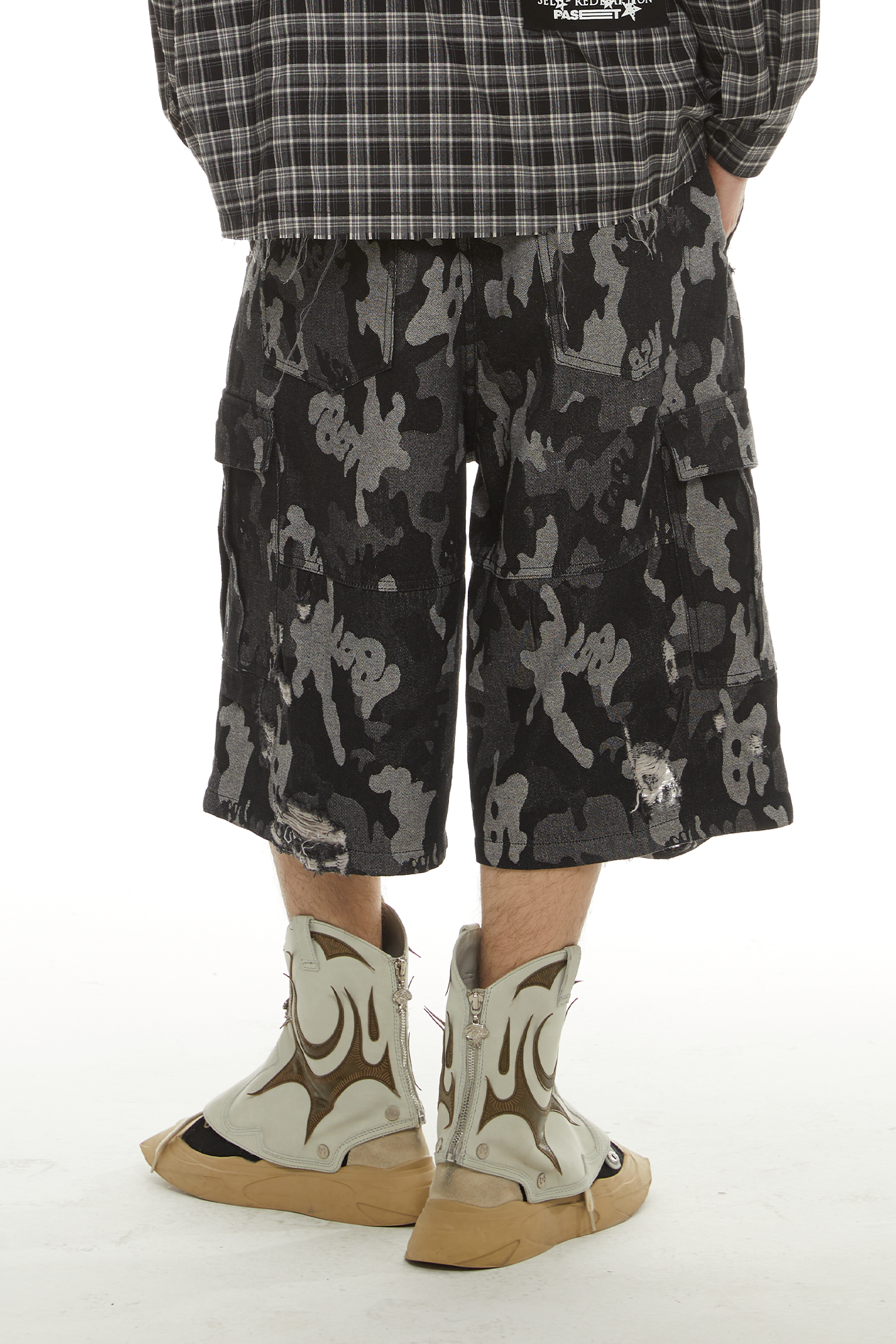 PASET Retro Distressed Camo Cargo Shorts
