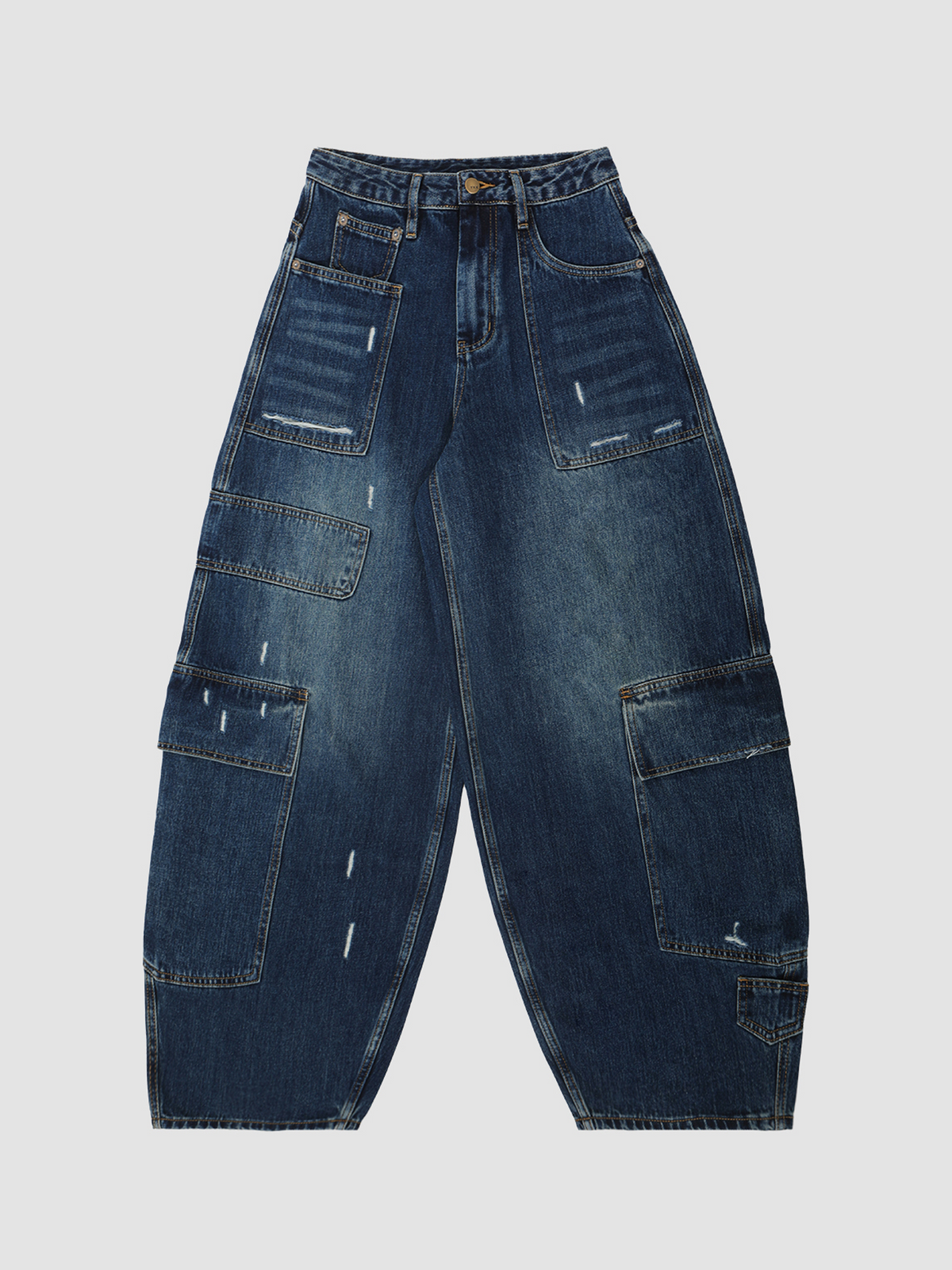 HAHAHA Washed Distressed Multi-Pocket Wide-Leg Jeans