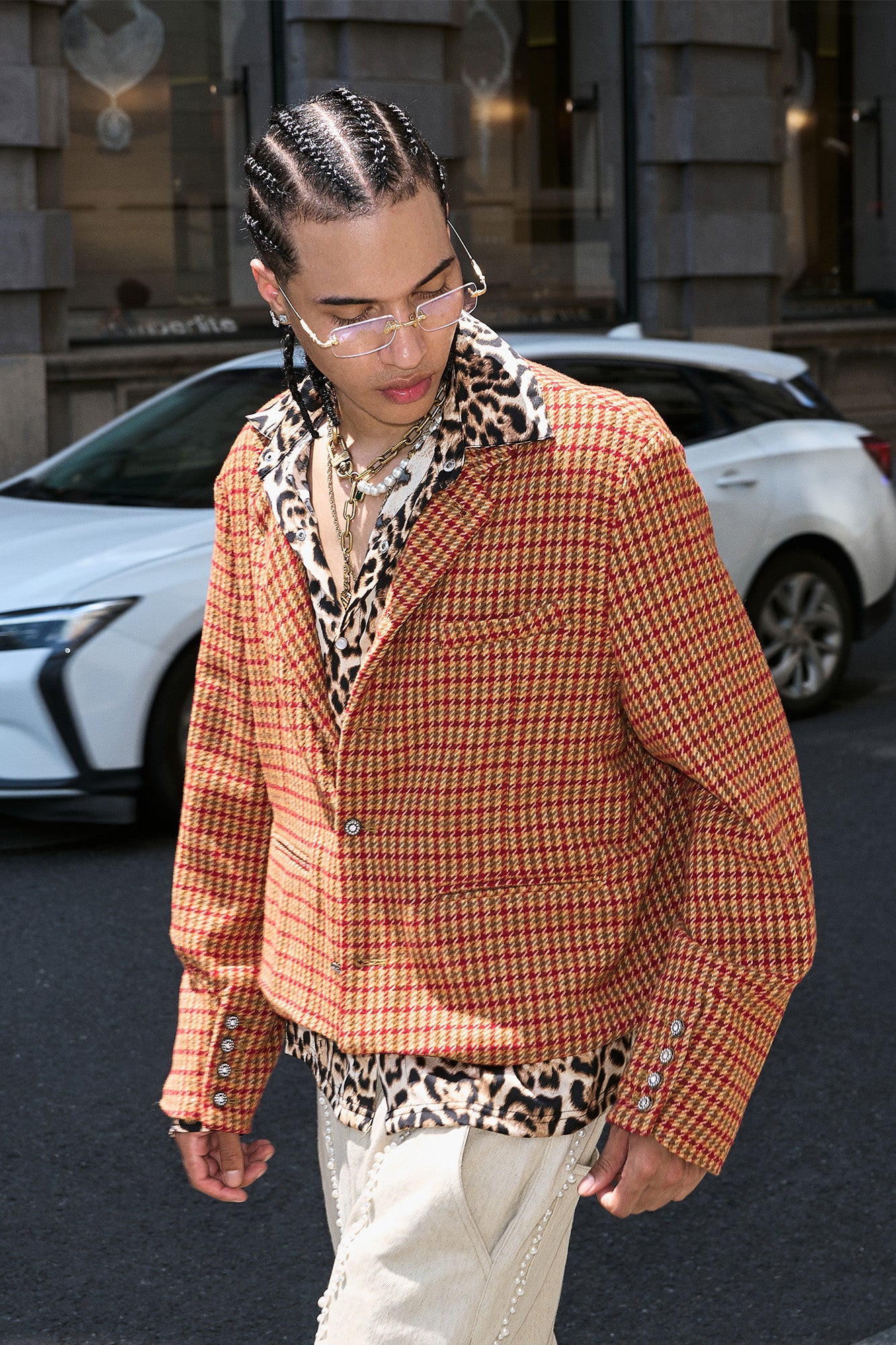 STEEPC Houndstooth Wool-Blend Stand-Collar Boxy Blazer