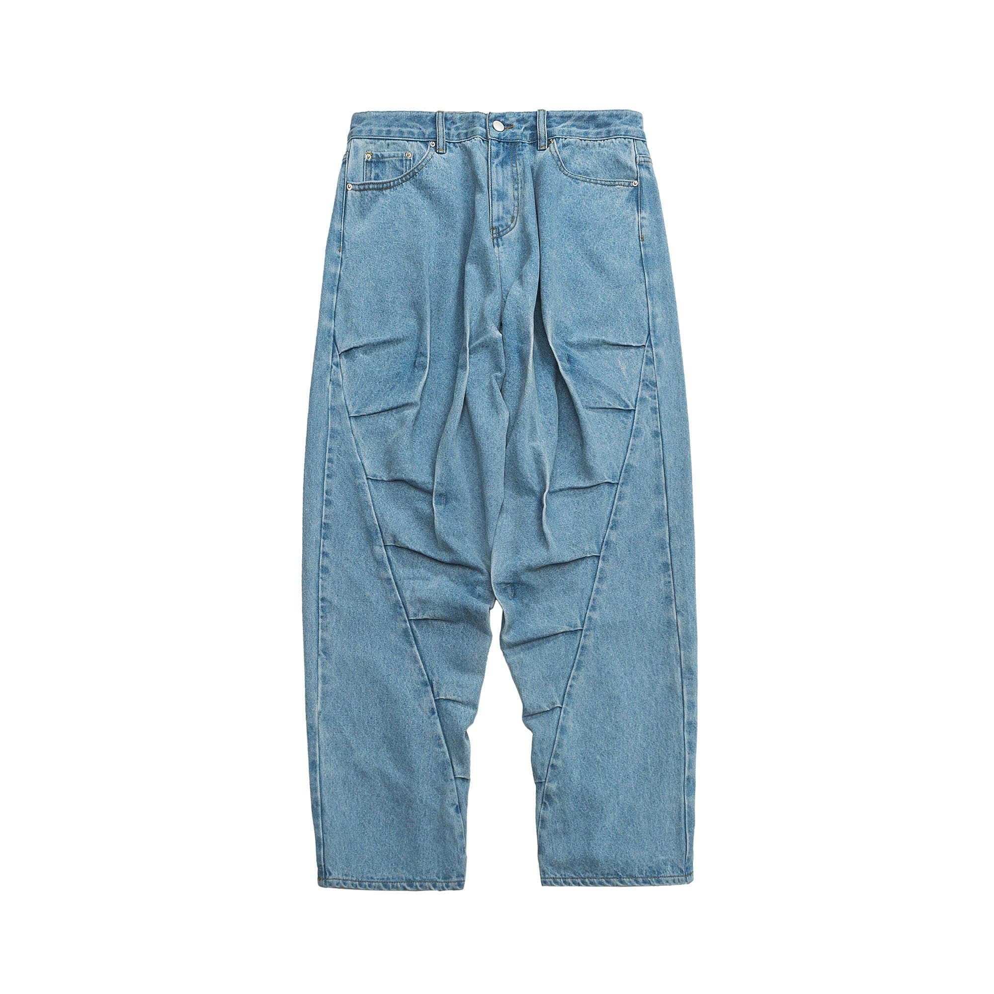ME DA IGUAL Deconstructed Washed Ruched Jeans, premium urban and streetwear designers apparel on PROJECTISR.com, ME DA IGUAL