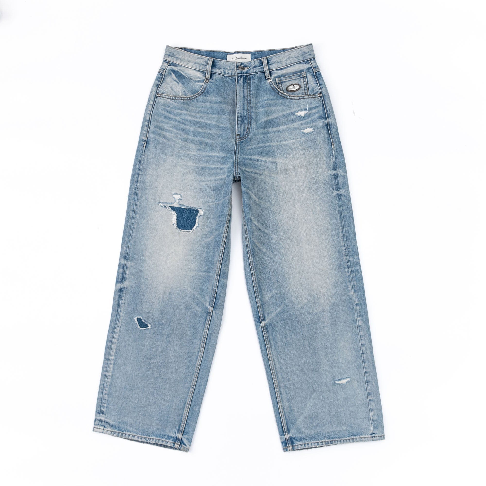 IN EXISTENCE Distressed Patchwork Creased Washed Wide-Leg Jeans, premium urban and streetwear designers apparel on PROJECTISR.com, IN EXISTENCE