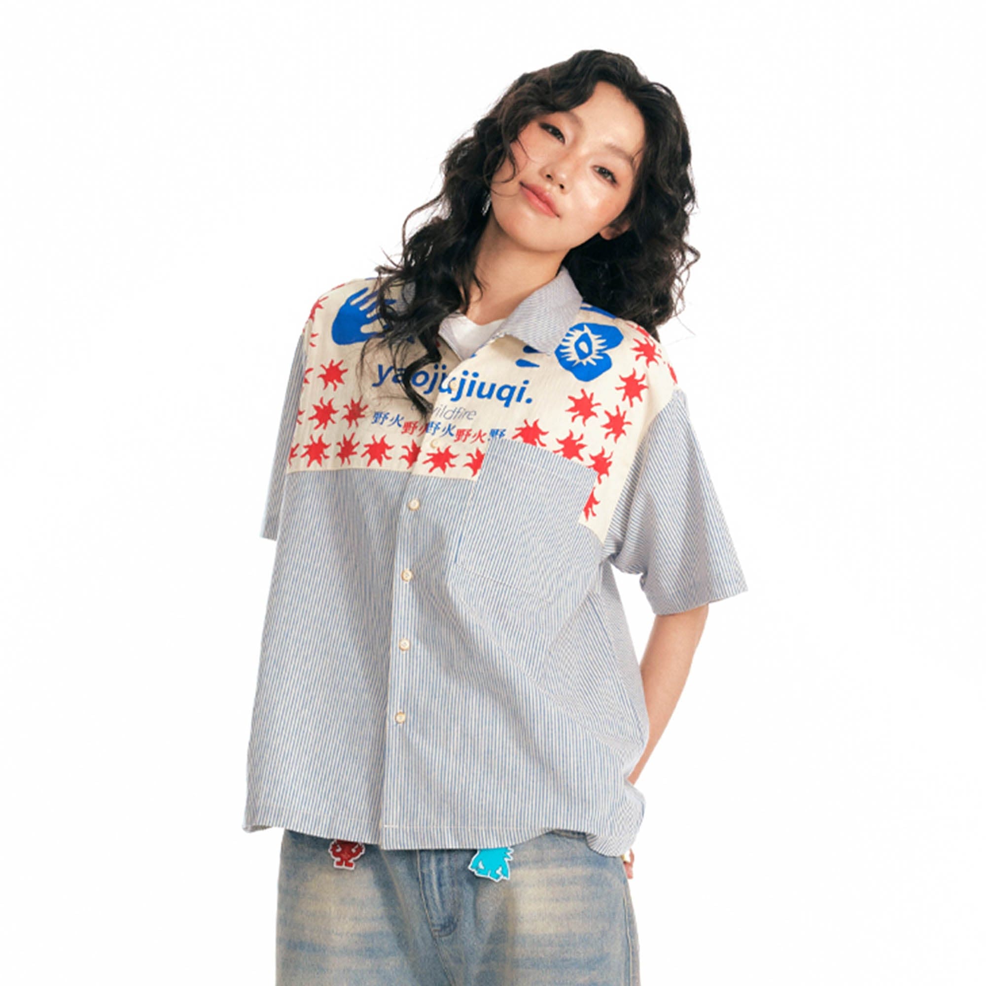 1997 POSTOFFICE Wild Fire Striped Panelled Half Shirt