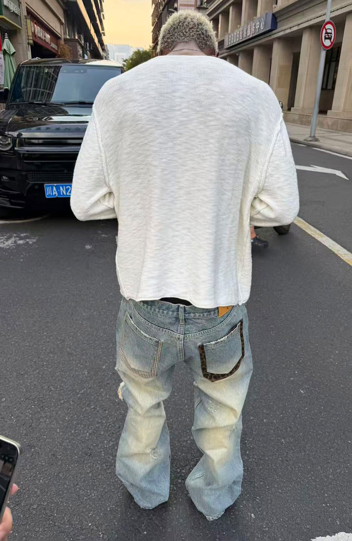 STEEPC Patchwork Washed Distressed Straight-Leg Jeans