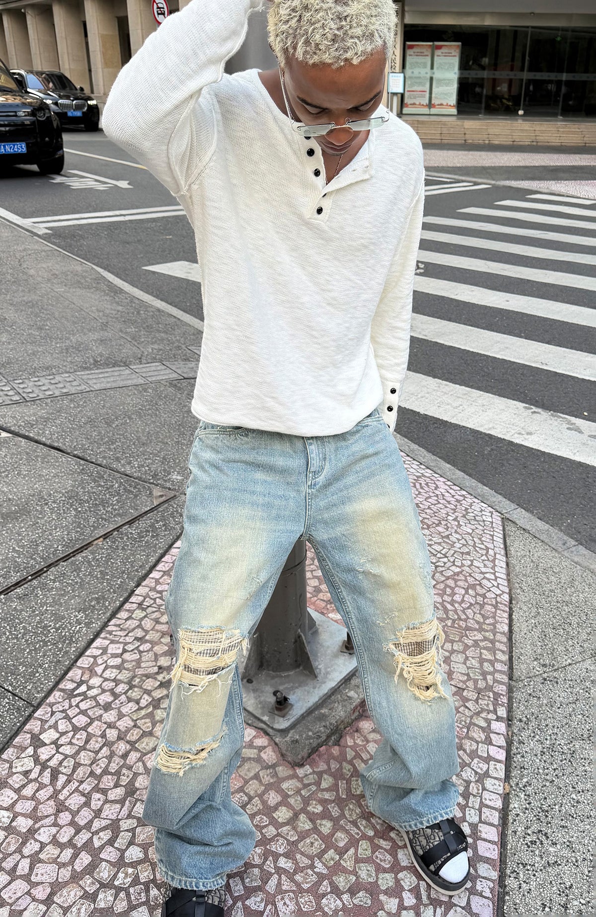 STEEPC Patchwork Washed Distressed Straight-Leg Jeans