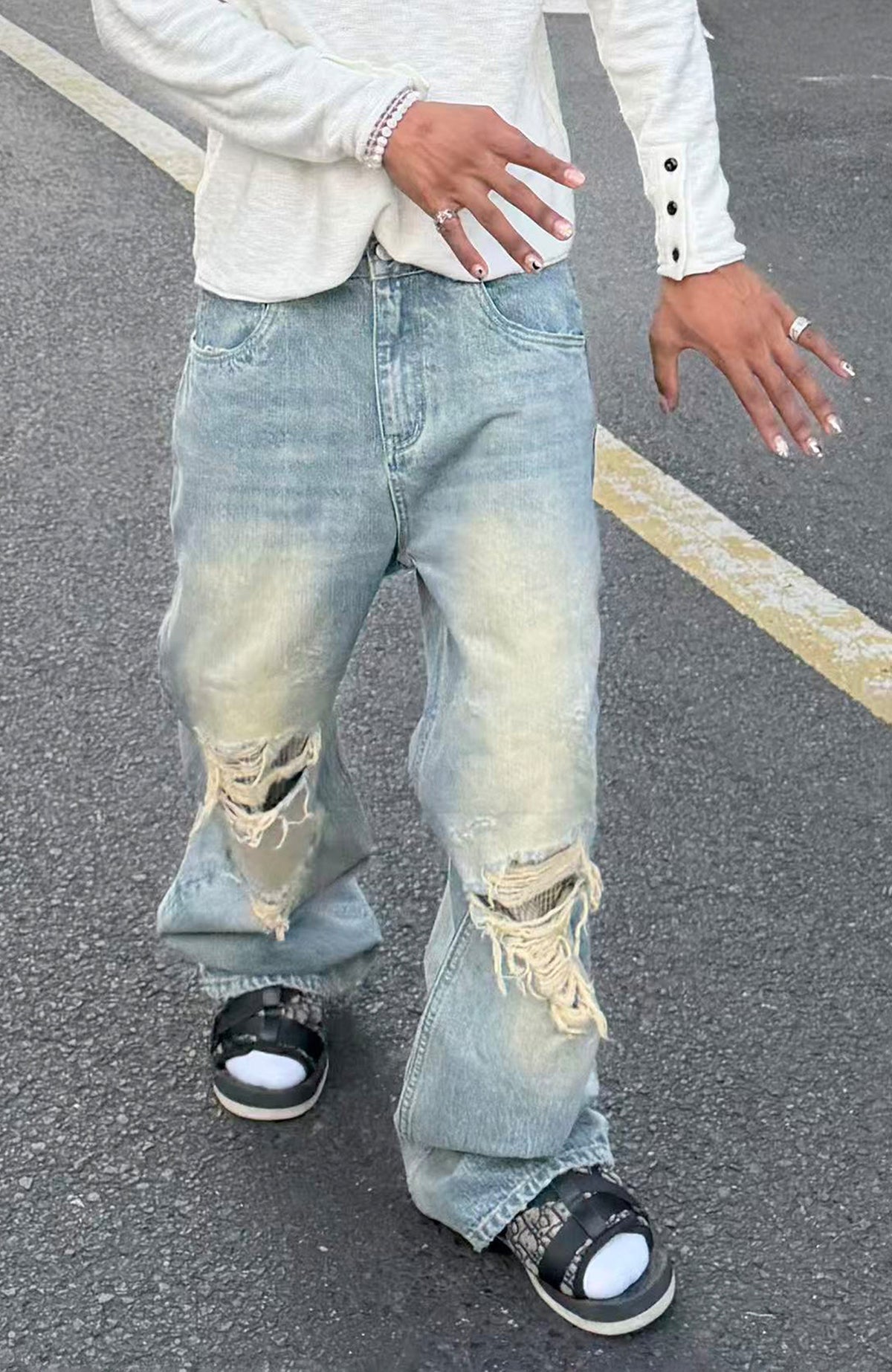 STEEPC Patchwork Washed Distressed Straight-Leg Jeans