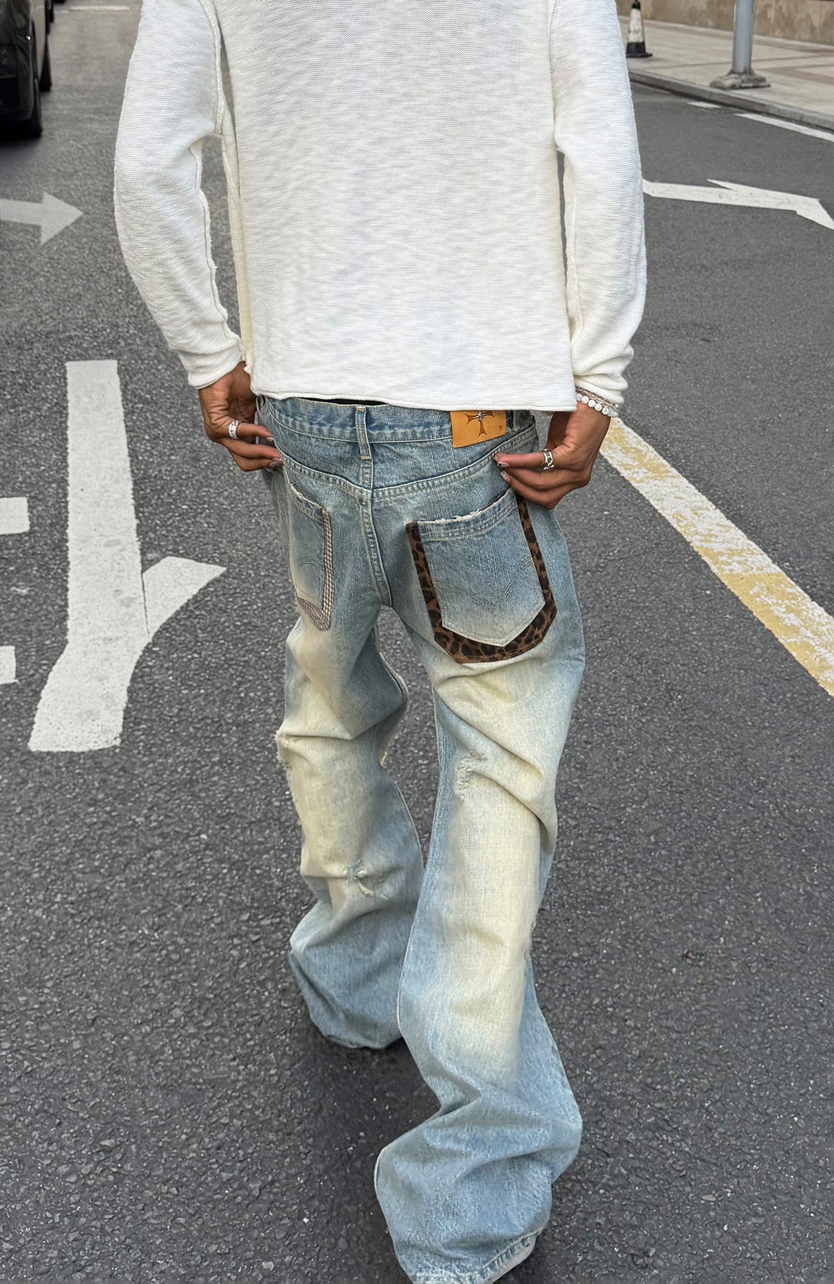 STEEPC Patchwork Washed Distressed Straight-Leg Jeans