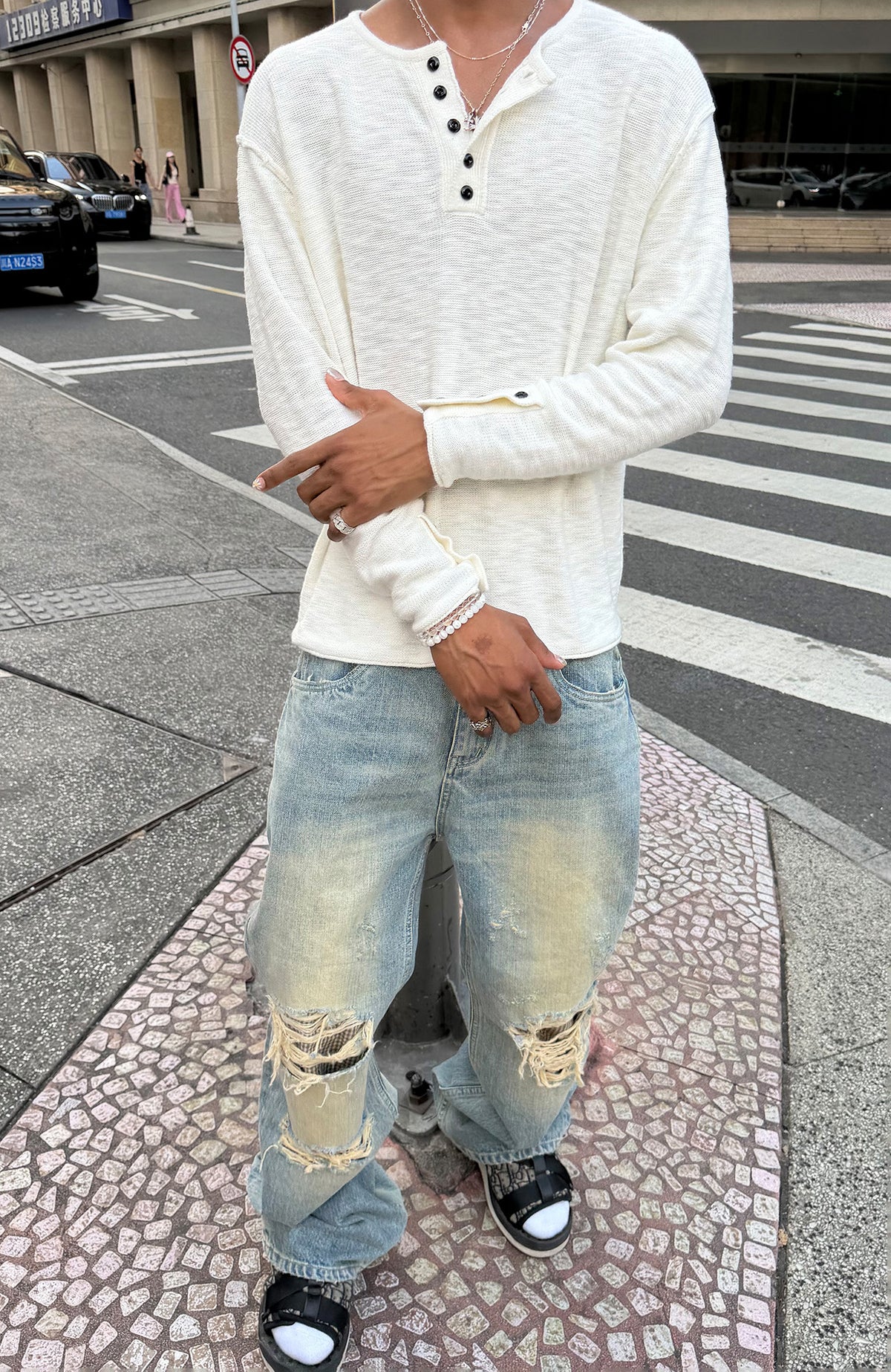 STEEPC Patchwork Washed Distressed Straight-Leg Jeans