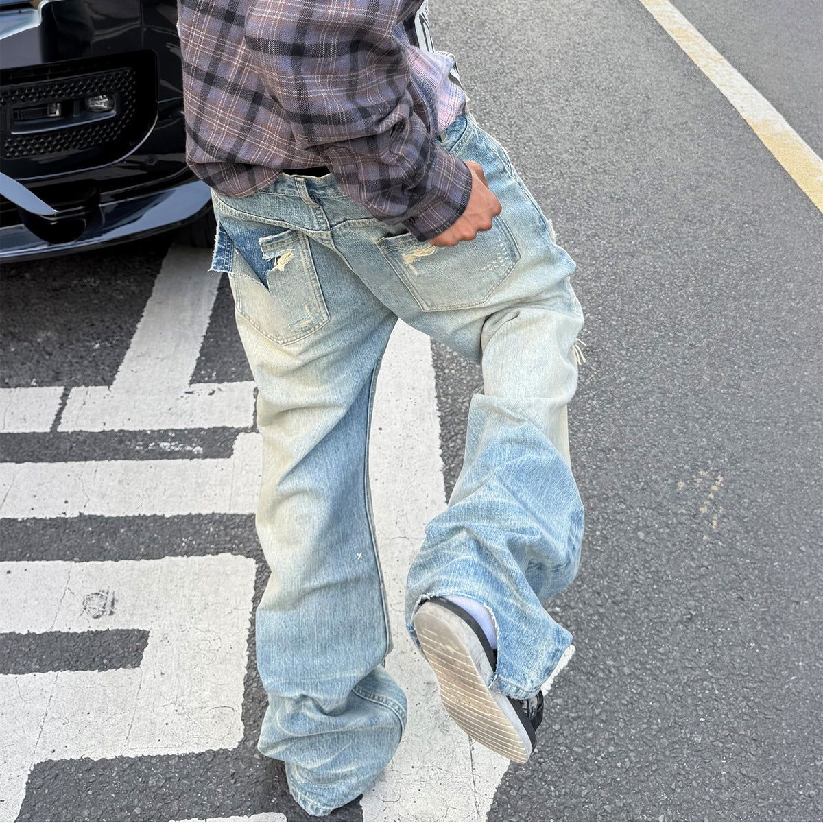 STEEPC Washed Distressed Embroidered Patch Straight-Leg Jeans