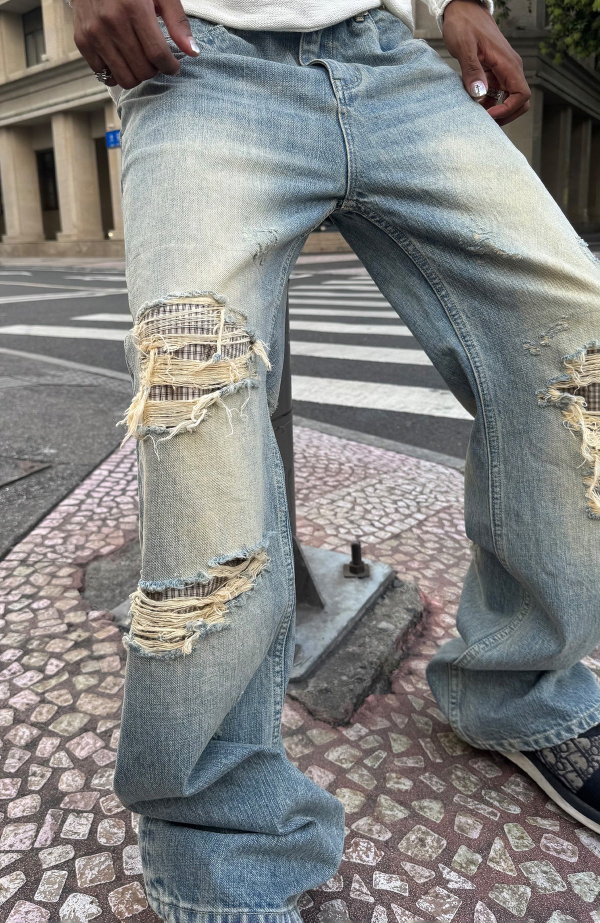 STEEPC Patchwork Washed Distressed Straight-Leg Jeans
