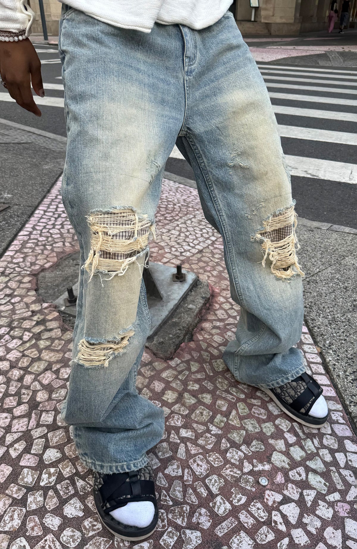 STEEPC Patchwork Washed Distressed Straight-Leg Jeans