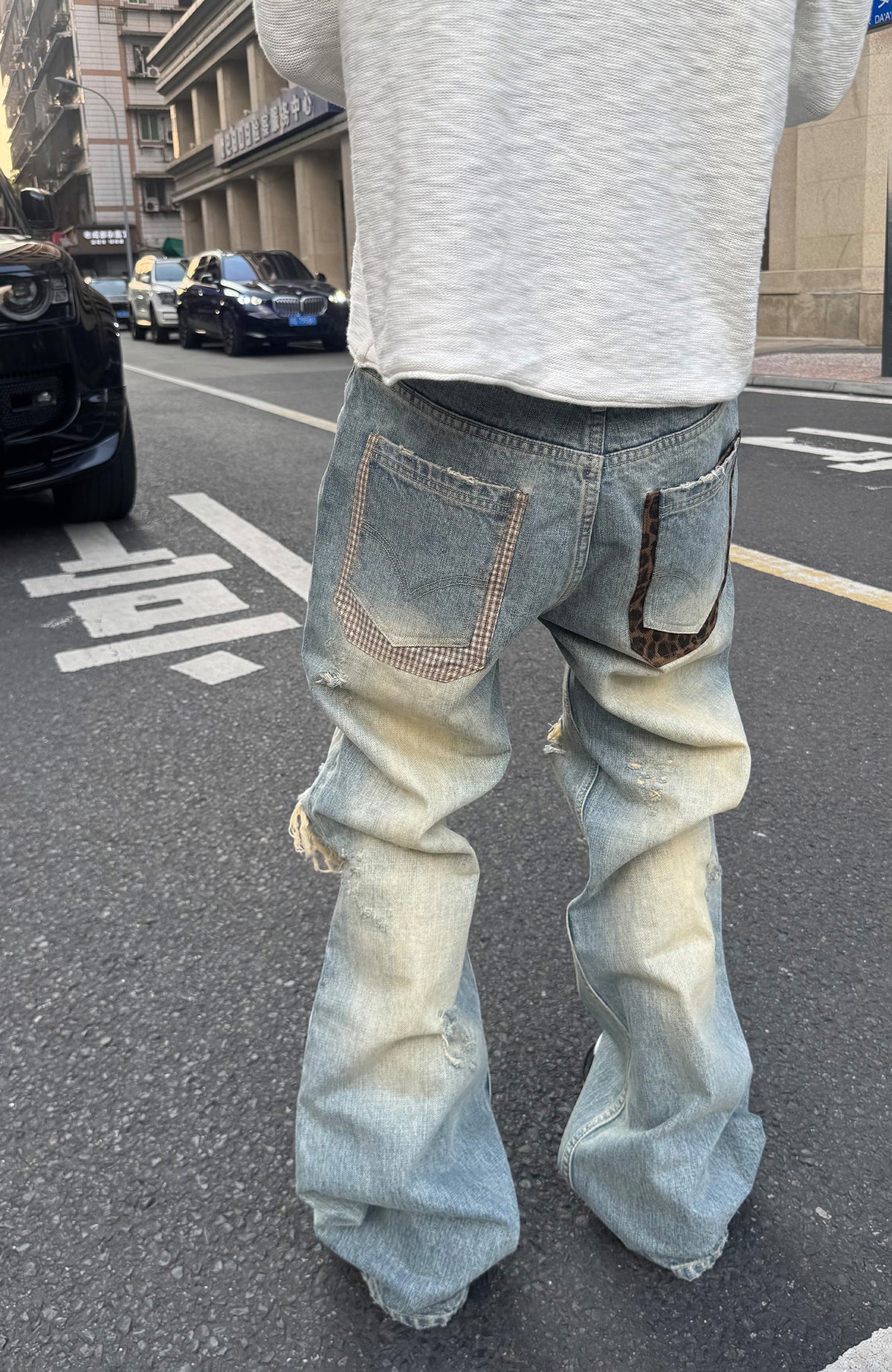 STEEPC Patchwork Washed Distressed Straight-Leg Jeans