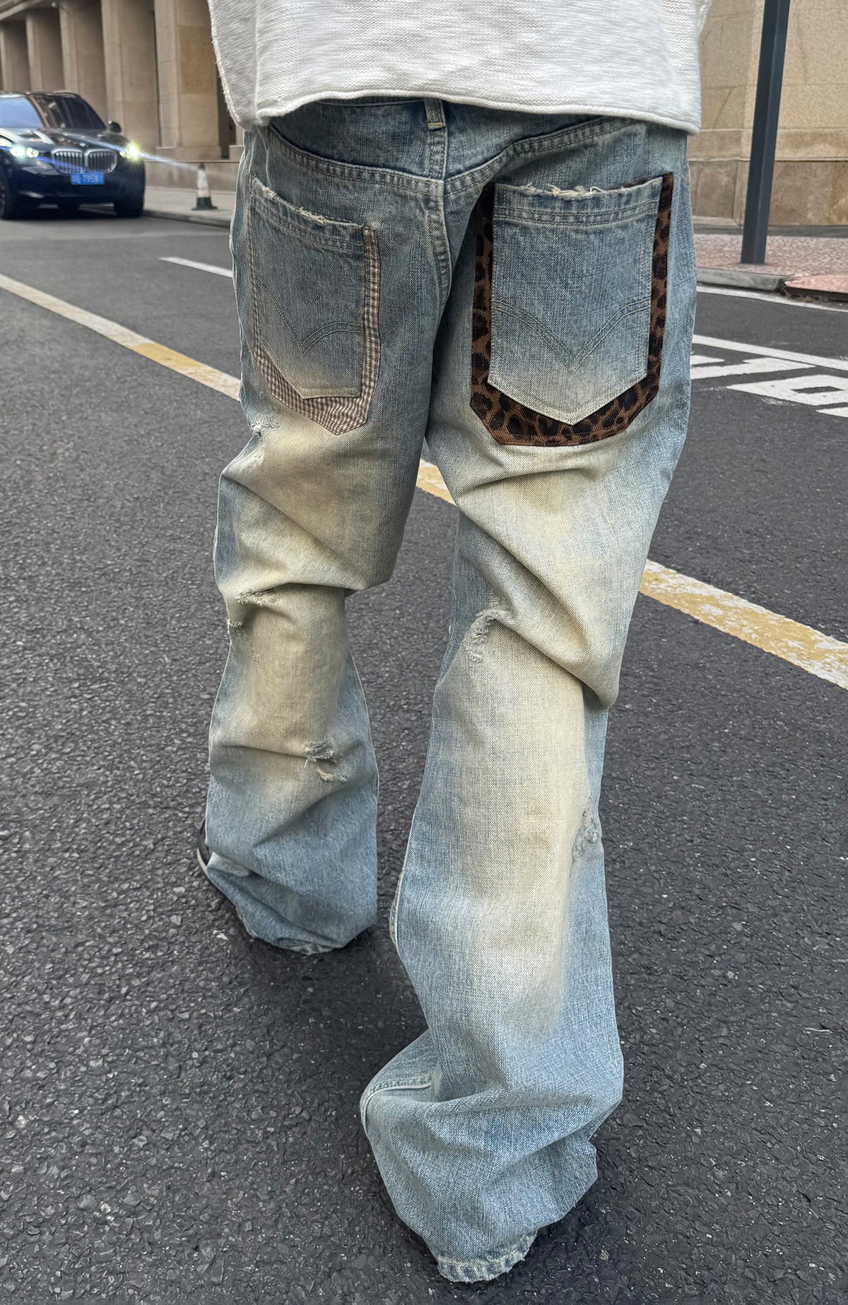 STEEPC Patchwork Washed Distressed Straight-Leg Jeans