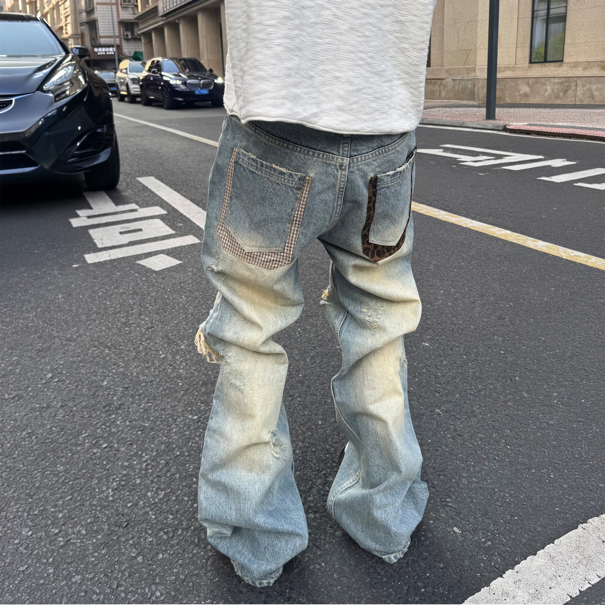 STEEPC Patchwork Washed Distressed Straight-Leg Jeans