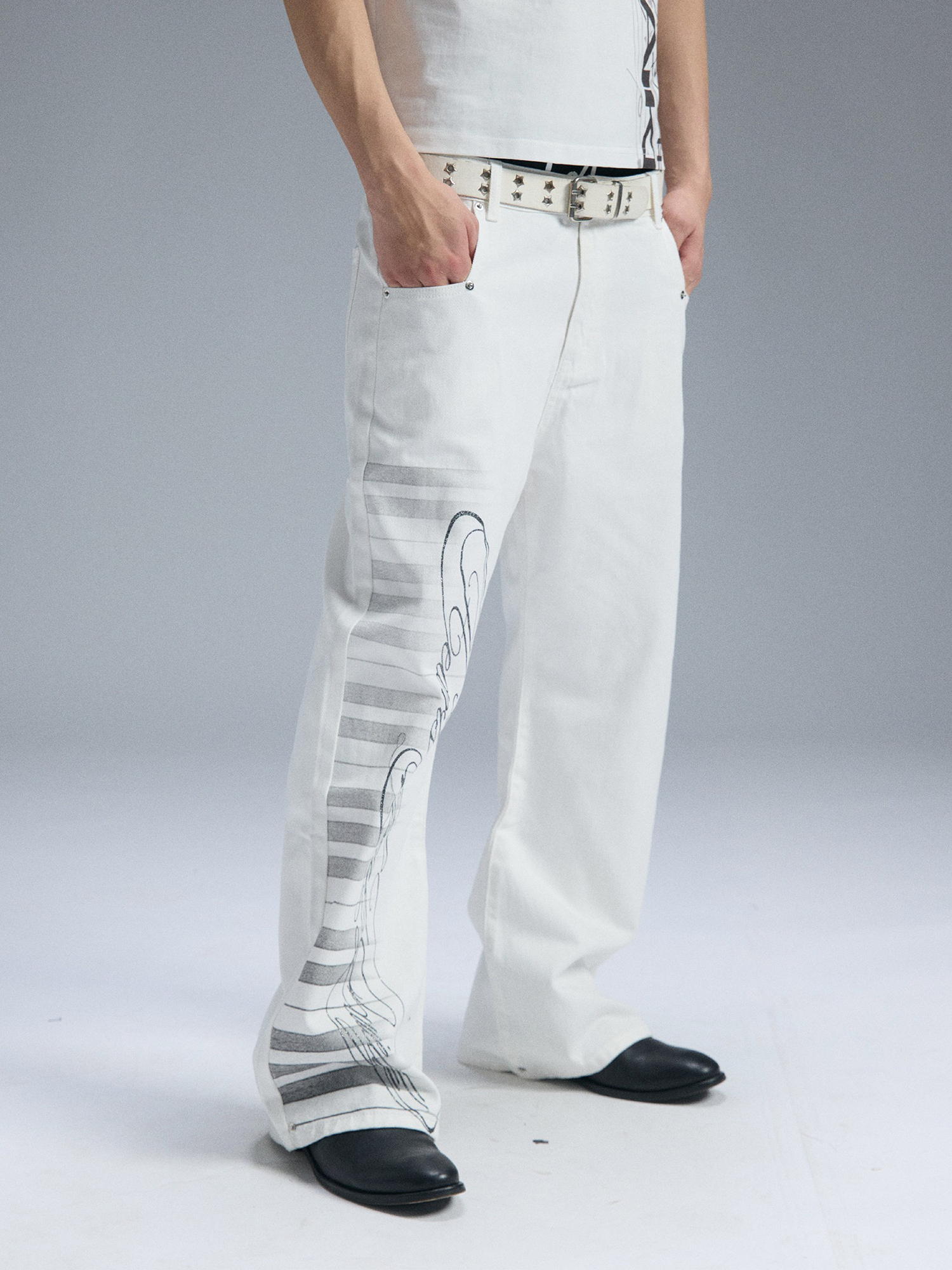 PAIKI Piano Key Script Foil Flared Jeans