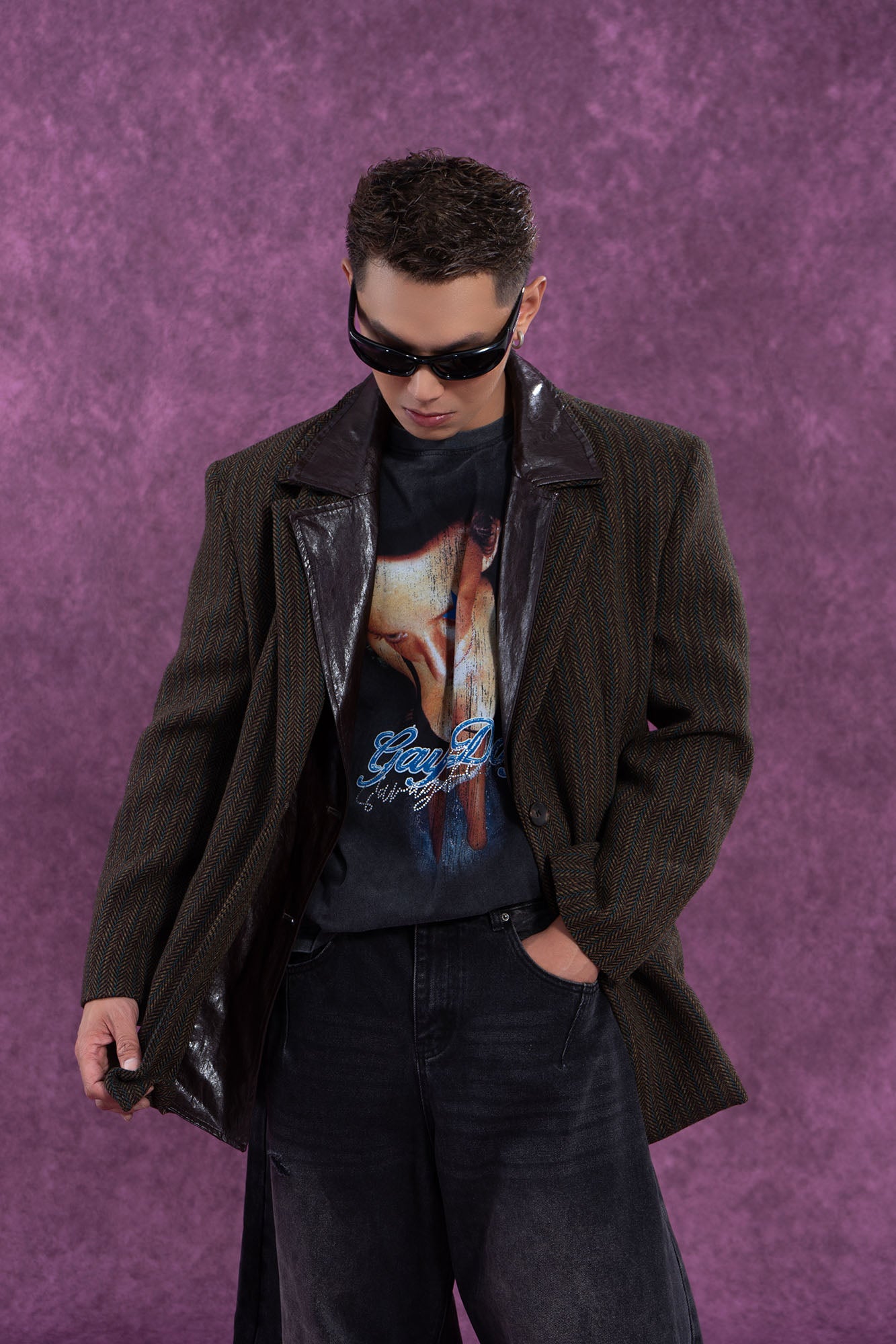 CLP Faux Leather Layered Collar Herringbone Blazer