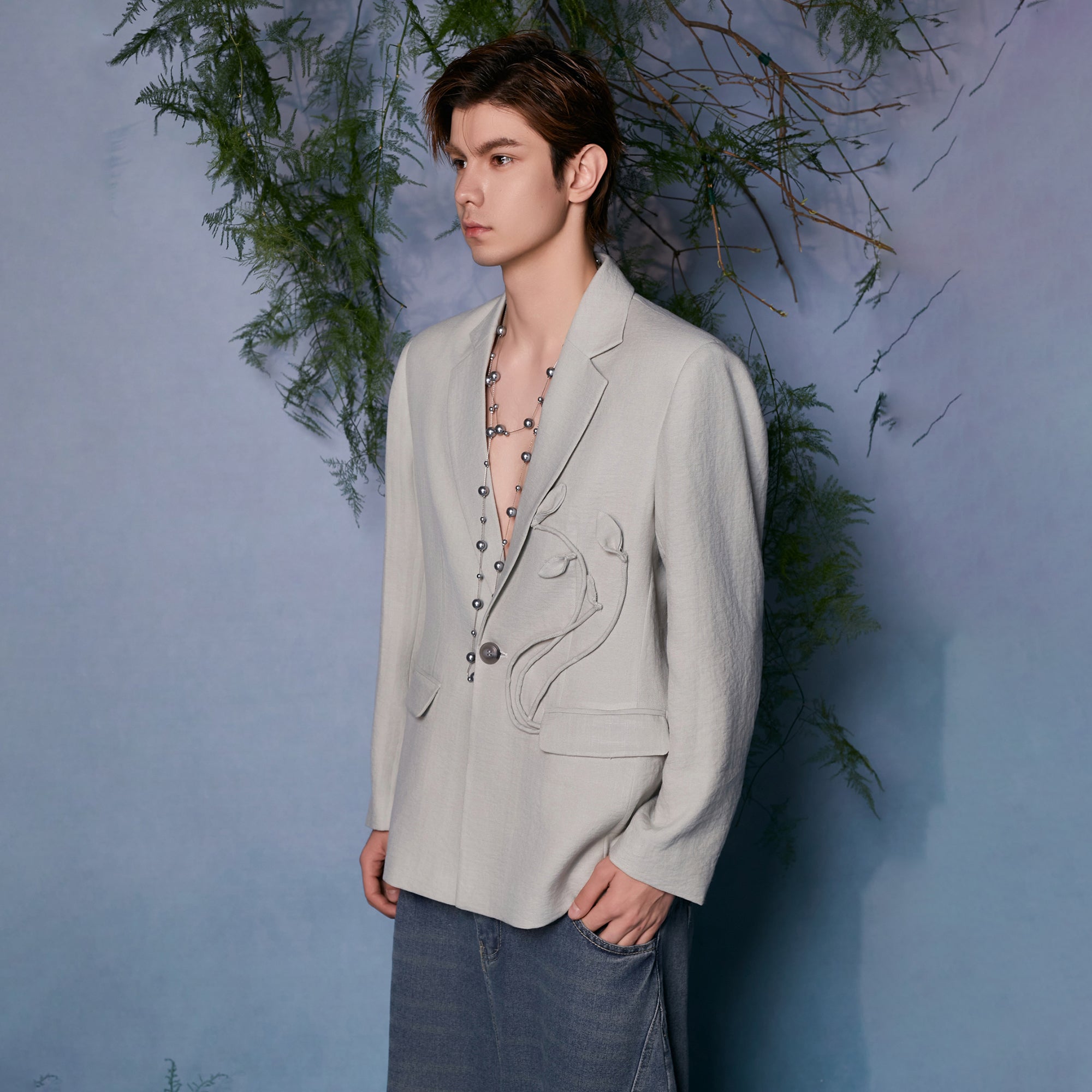 JIECHI Embroidered Floral Linework Blazer, premium urban and streetwear designers apparel on PROJECTISR.com, JIECHI