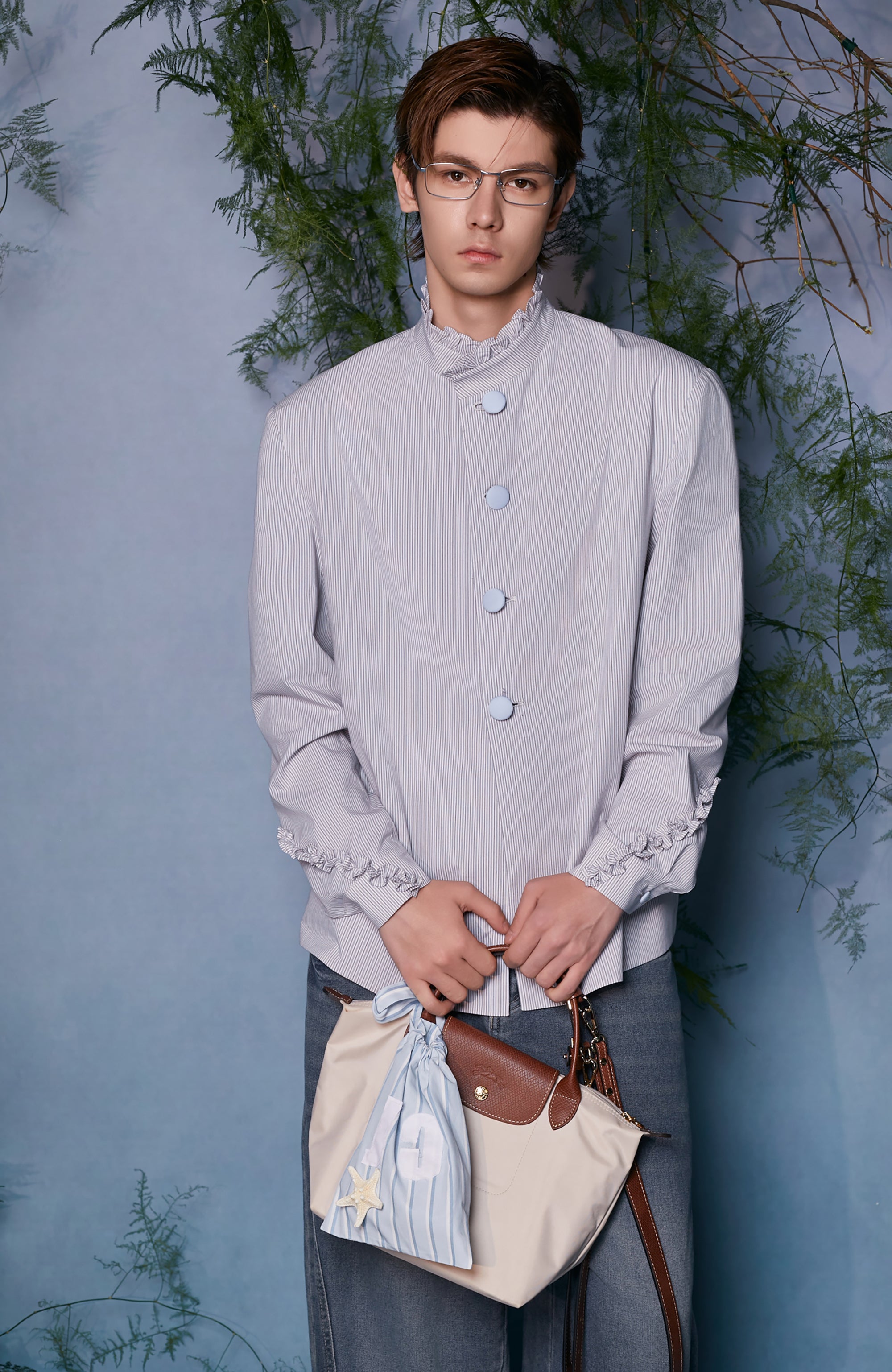 JIECHI Ruffle Cuff Button-Up Striped Shirt, premium urban and streetwear designers apparel on PROJECTISR.com, JIECHI