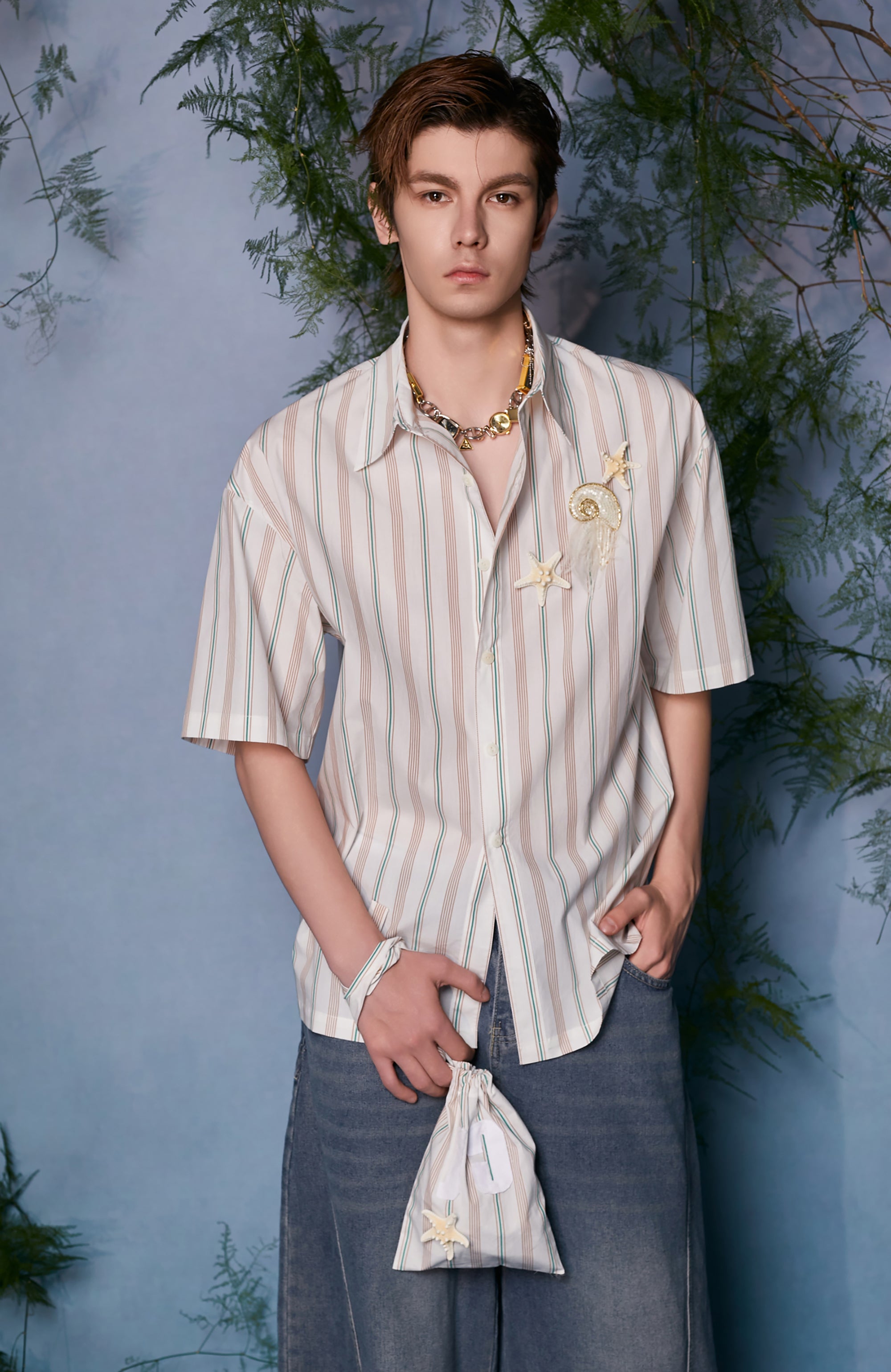 JIECHI Striped Embroidered Half Shirt, premium urban and streetwear designers apparel on PROJECTISR.com, JIECHI