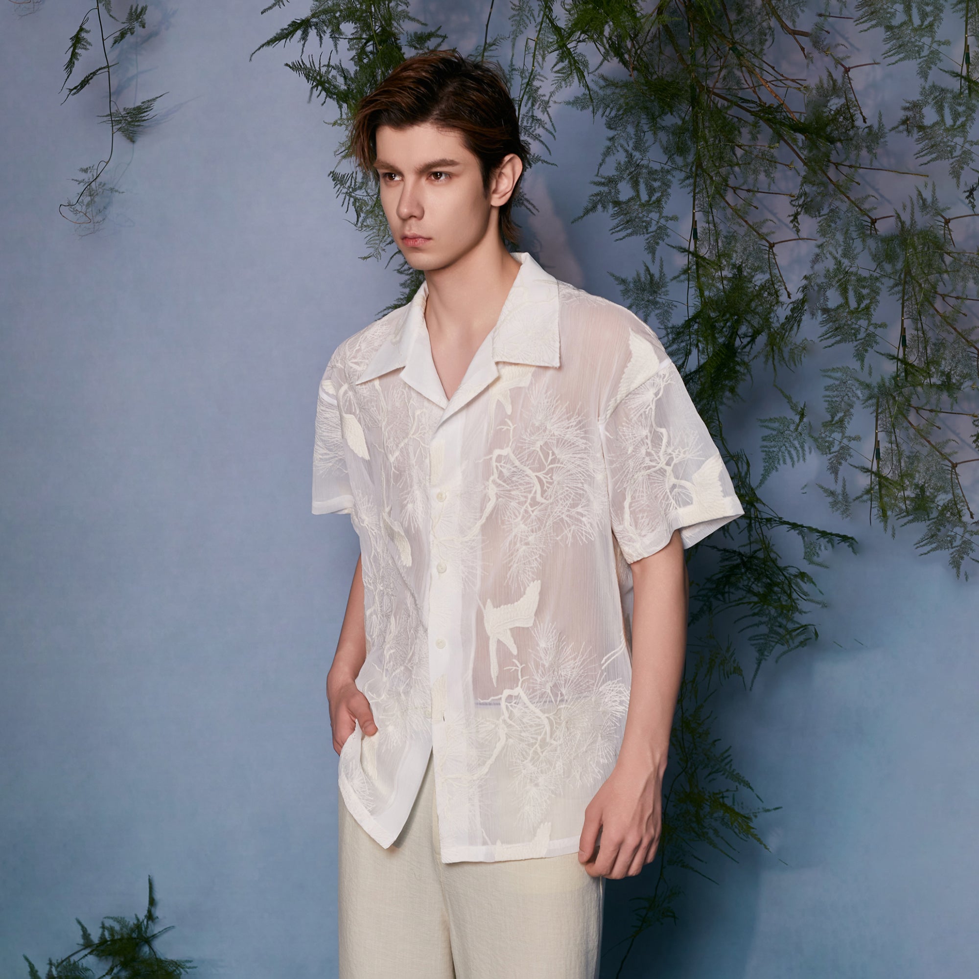 JIECHI Sheer Crane Embroidered Half Shirt, premium urban and streetwear designers apparel on PROJECTISR.com, JIECHI