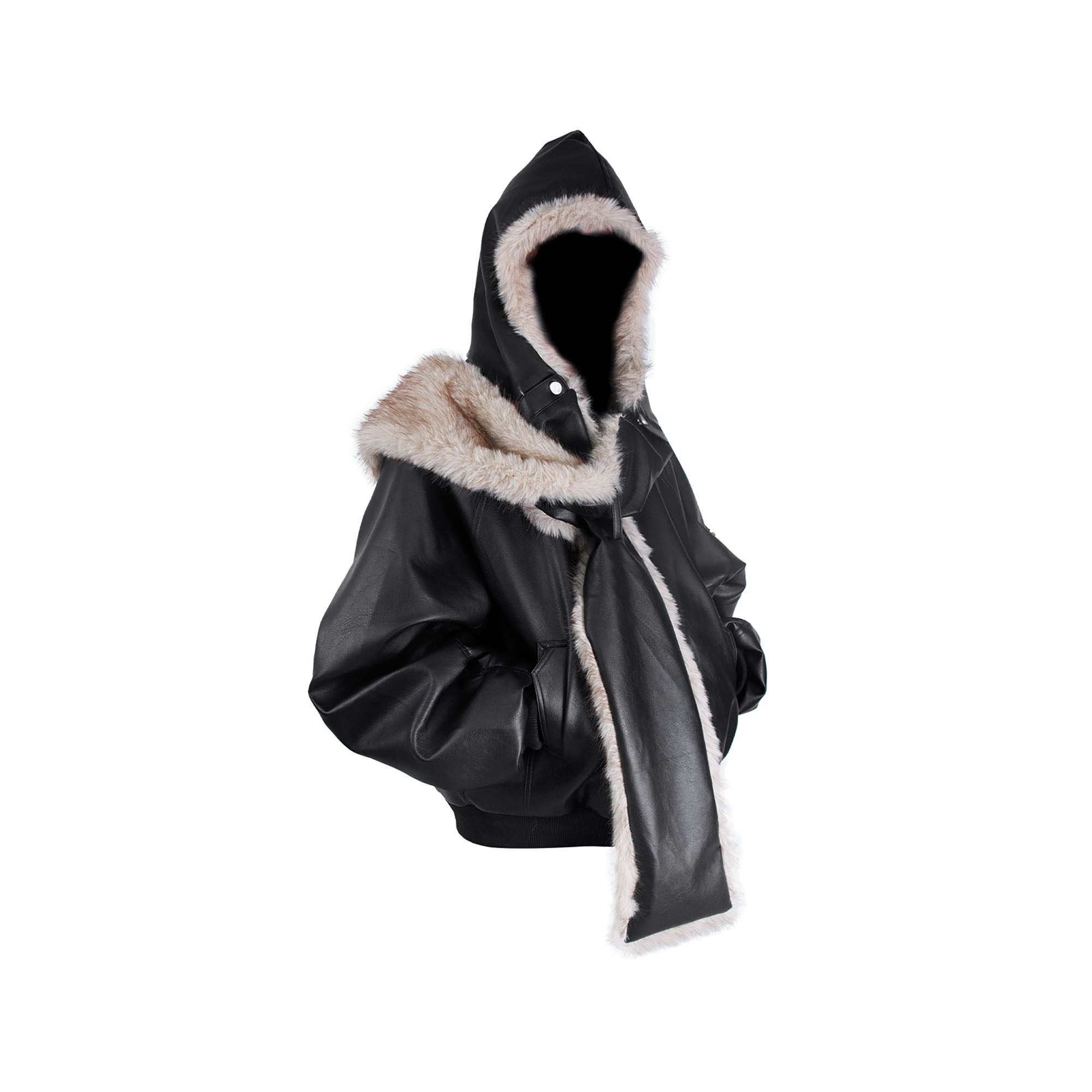 RELABEL Detachable Plush Scarf Ruched Hooded Jacket Black, premium urban and streetwear designers apparel on PROJECTISR.com, RELABEL