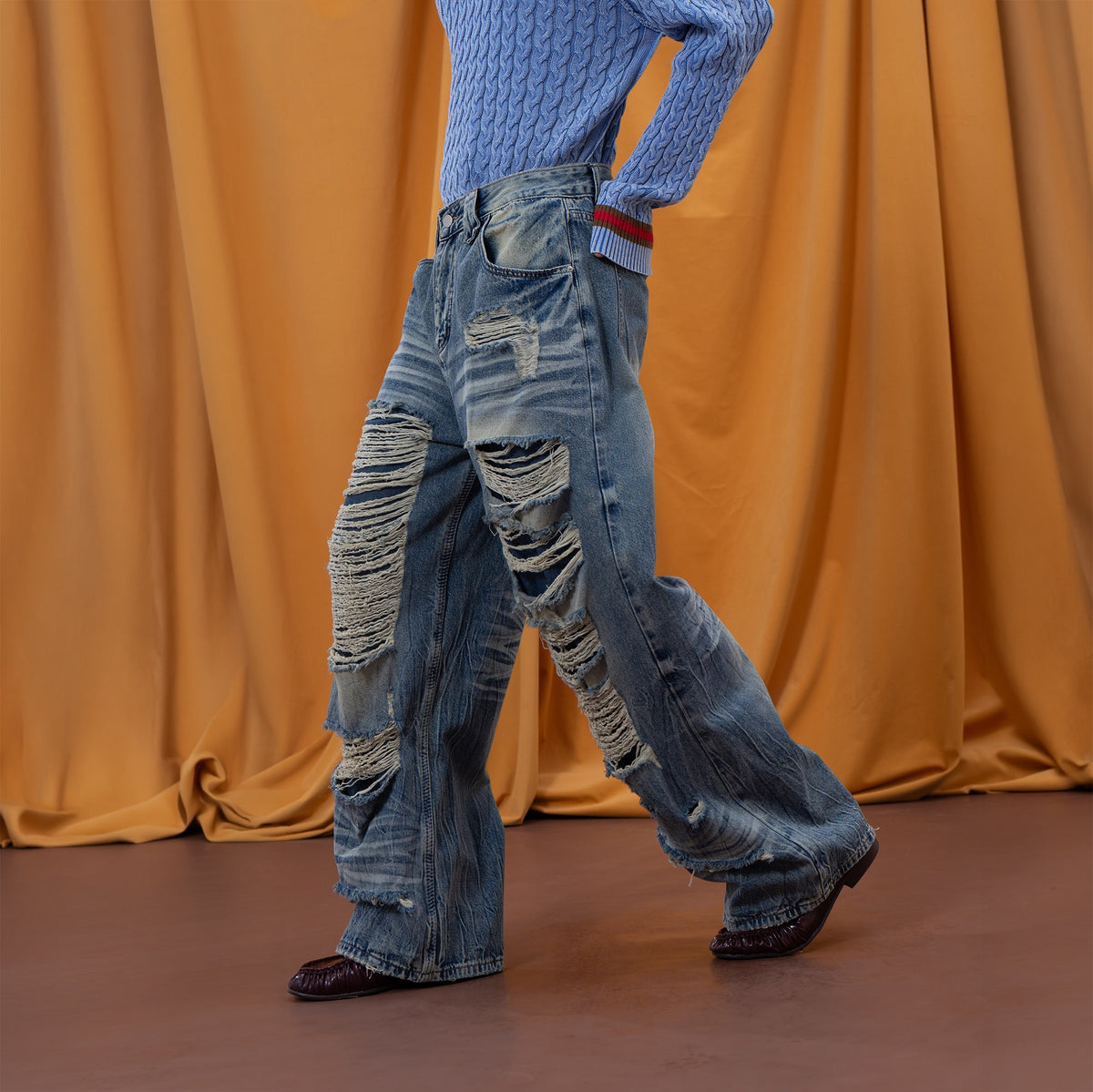 CLP Distressed Wide-Leg Washed Jeans