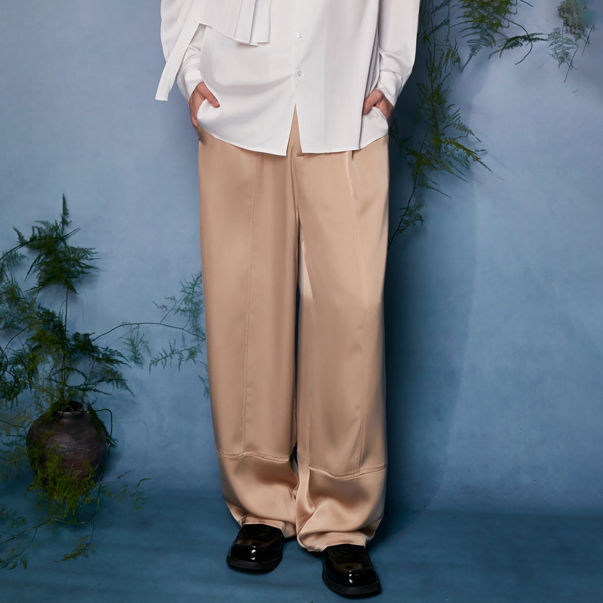 JIECHI Draped Satin Wide-Leg Trousers, premium urban and streetwear designers apparel on PROJECTISR.com, JIECHI