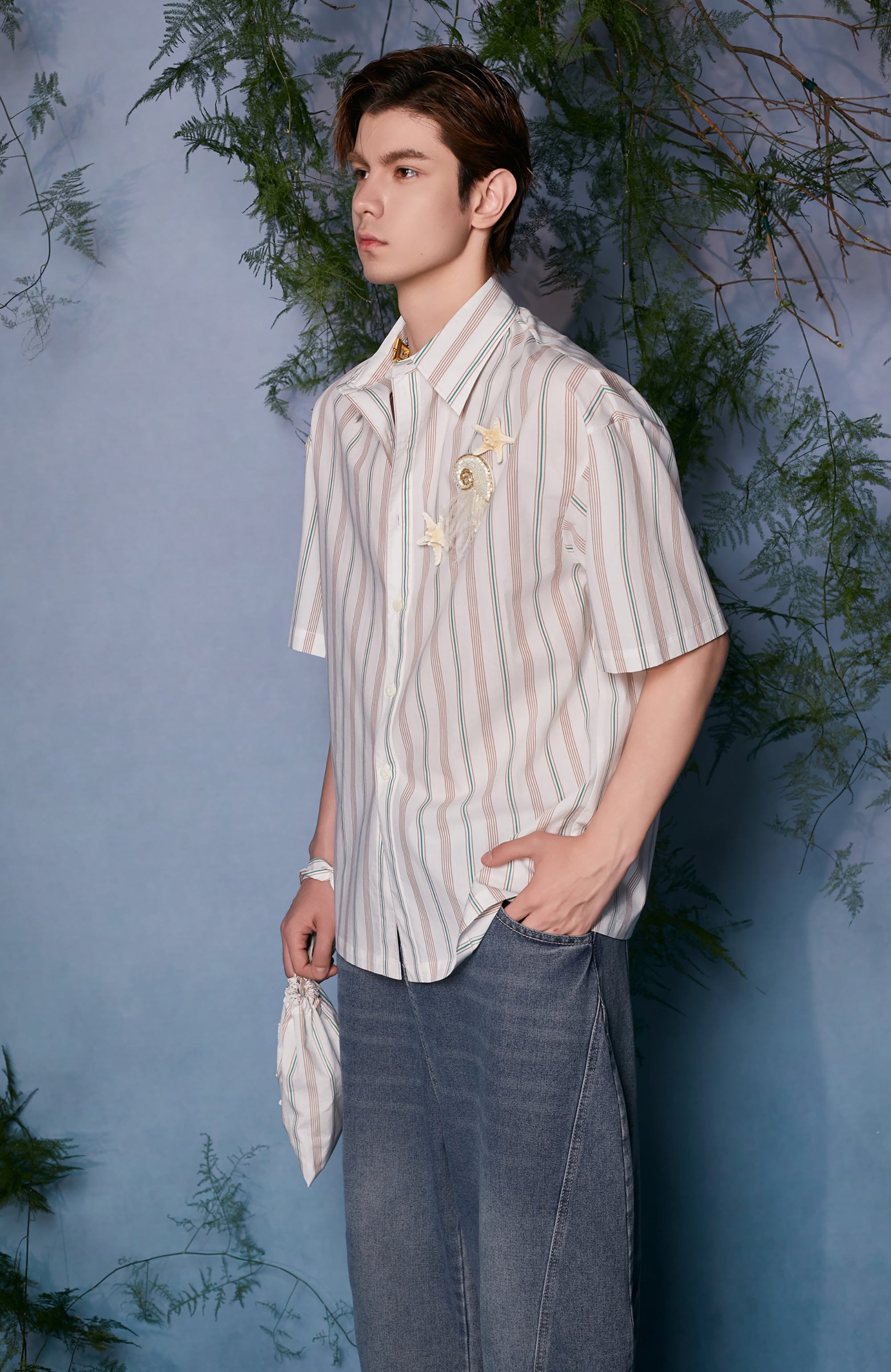 JIECHI Striped Embroidered Half Shirt, premium urban and streetwear designers apparel on PROJECTISR.com, JIECHI