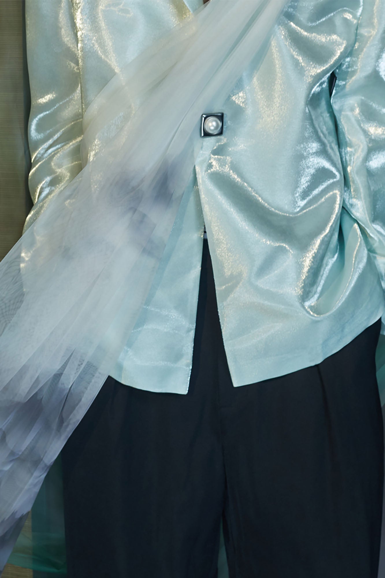 JIECHI Gradient Tulle Drape Satin Blazer, premium urban and streetwear designers apparel on PROJECTISR.com, JIECHI