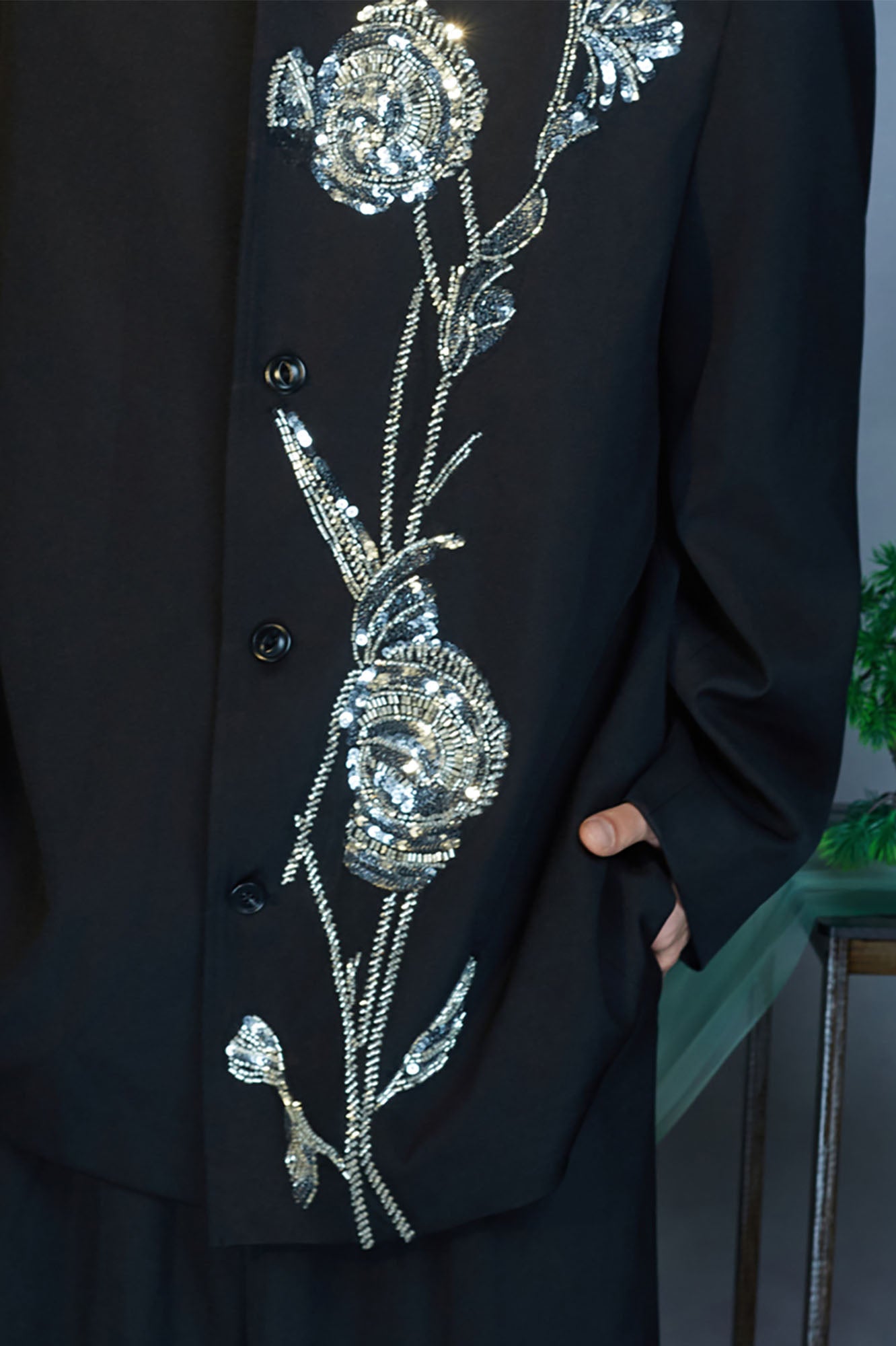 JIECHI Embellished Floral Side-Slit Jacket, premium urban and streetwear designers apparel on PROJECTISR.com, JIECHI