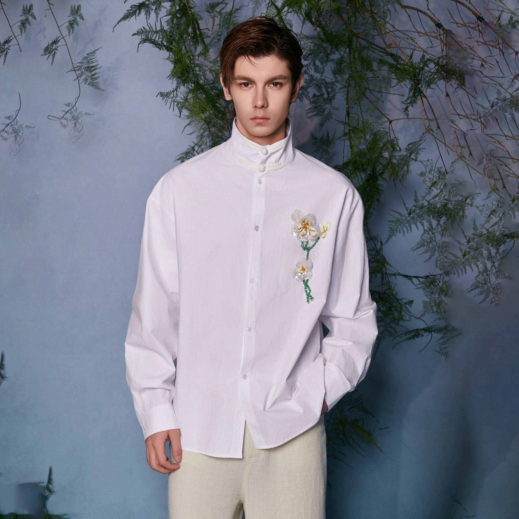 JIECHI Draped Satin Scarf-Collar Shirt