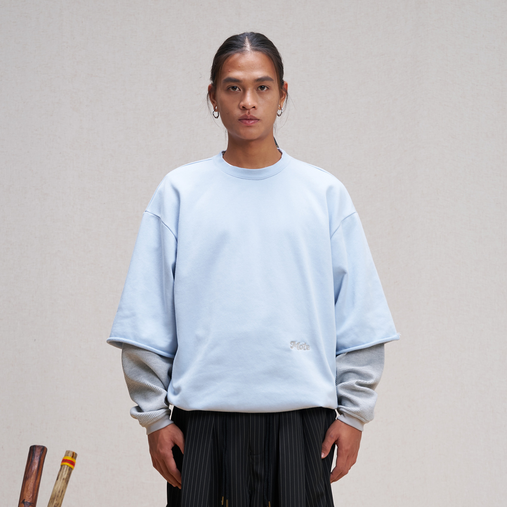 UNLIMITED MOTE Waffle Sleeve Layered Drawstring Hem Sweatshirt