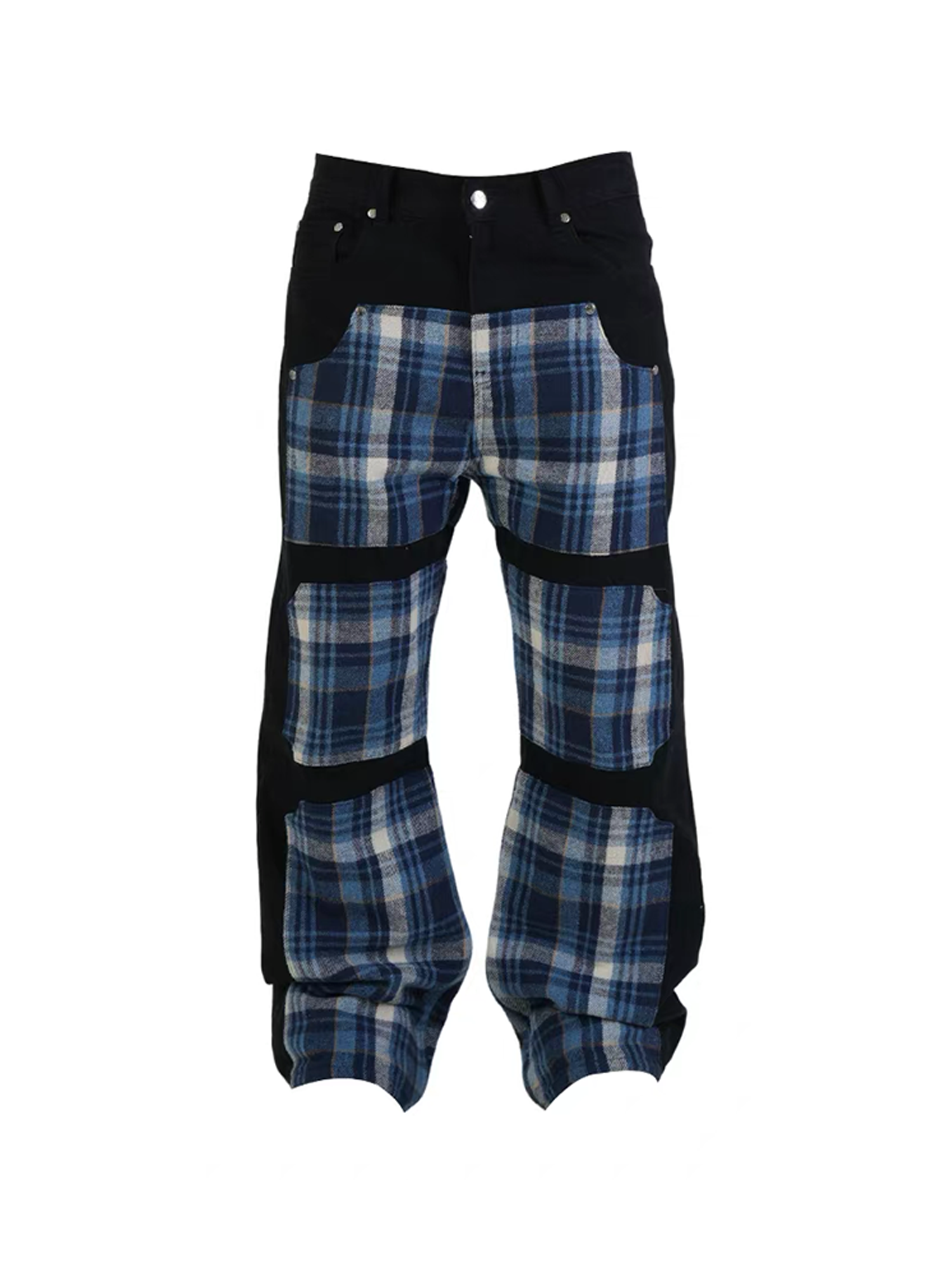 VINKID Plaid Paneled Wide-Leg Jeans