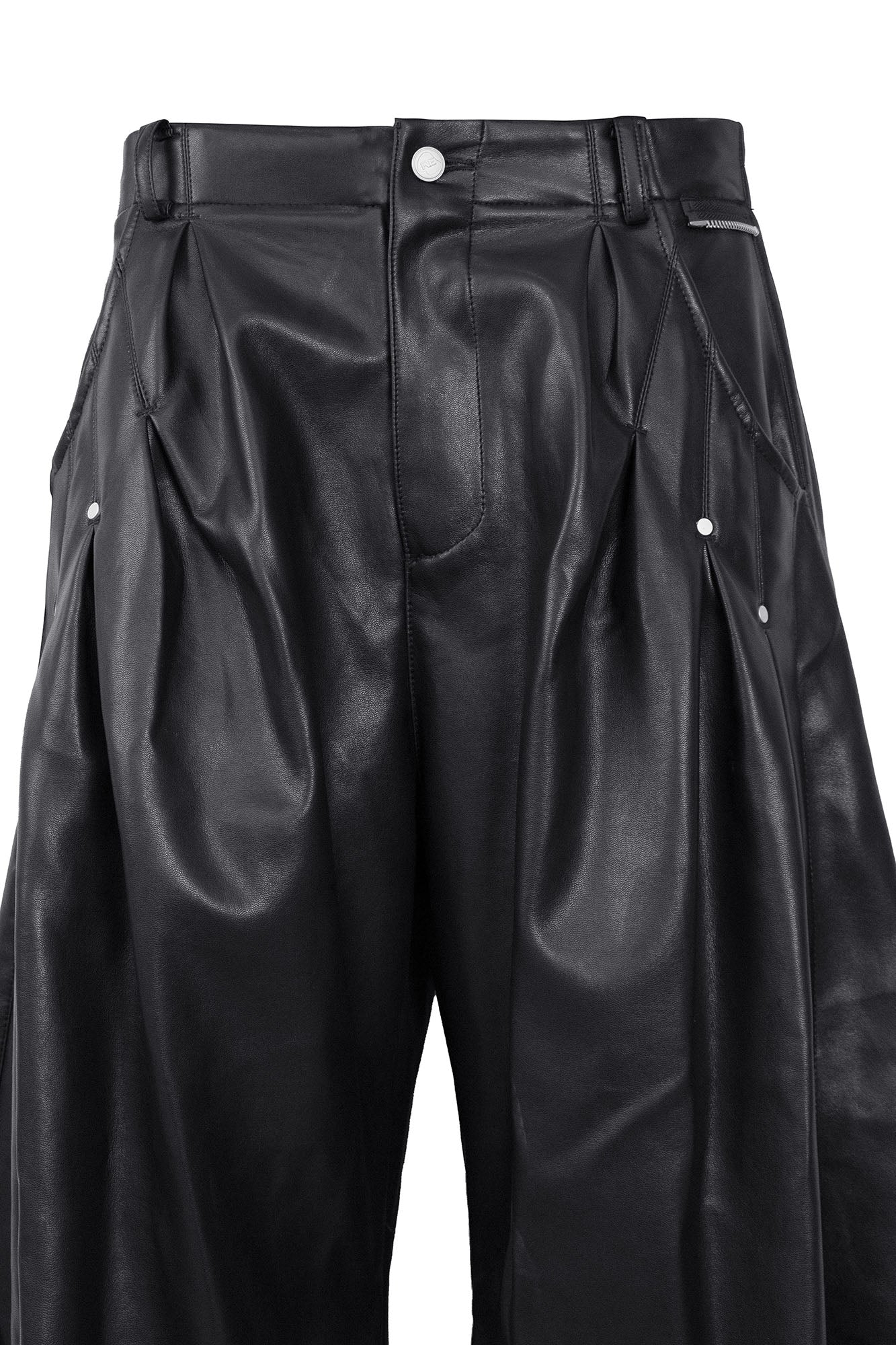 RELABEL Pleated Rivet Oversized PU Pants, premium urban and streetwear designers apparel on PROJECTISR.com, RELABEL