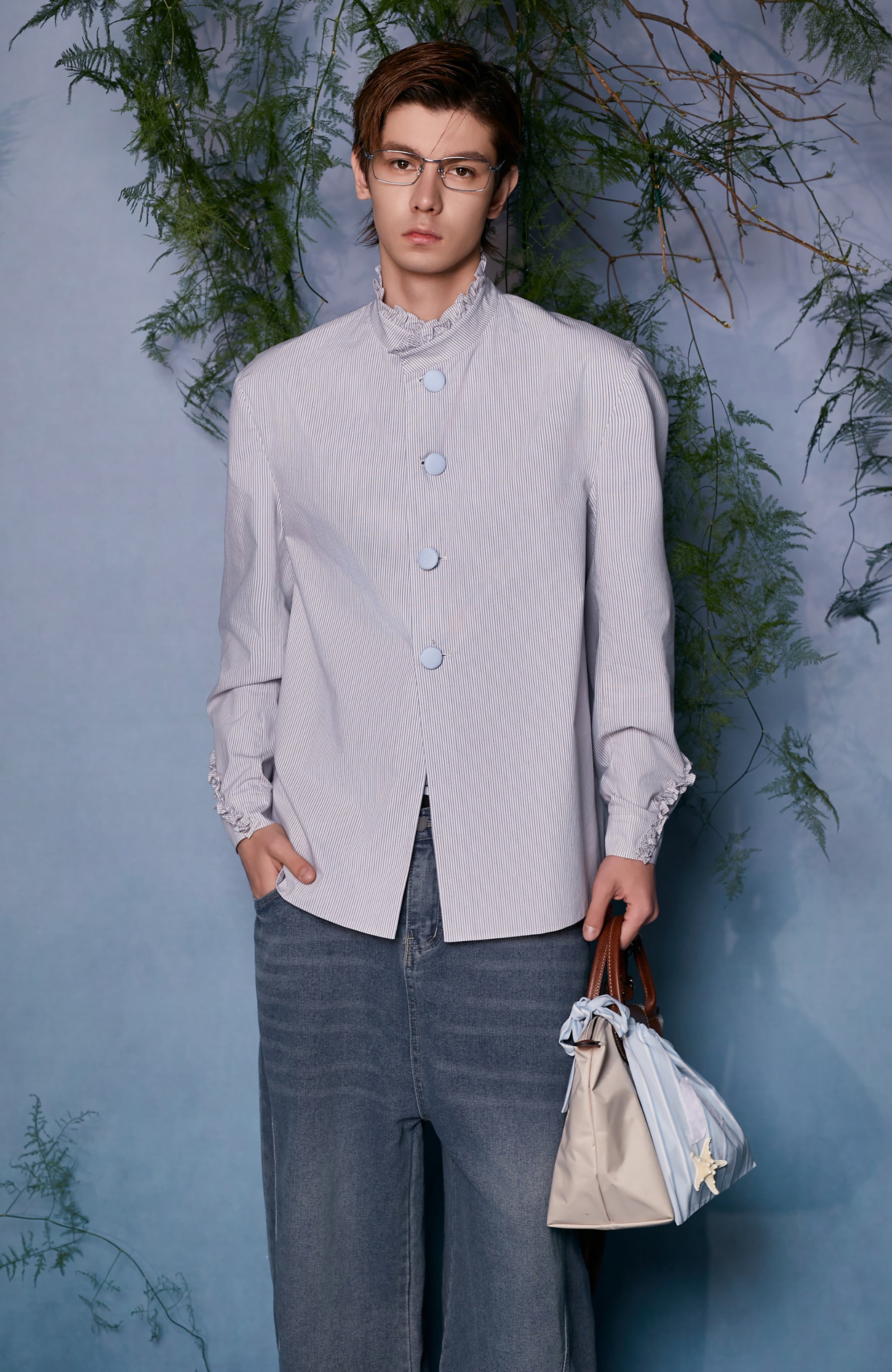 JIECHI Ruffle Cuff Button-Up Striped Shirt, premium urban and streetwear designers apparel on PROJECTISR.com, JIECHI