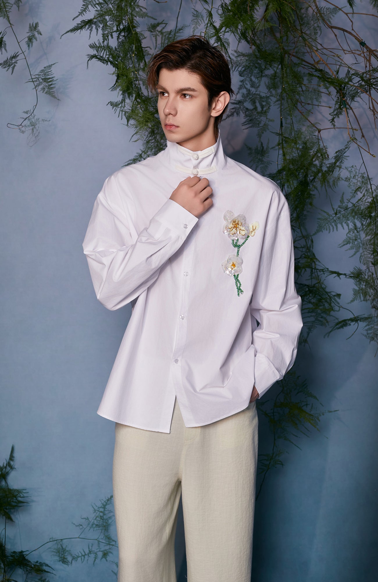 JIECHI Mandarin Collar Floral Embroidered Shirt, premium urban and streetwear designers apparel on PROJECTISR.com, JIECHI