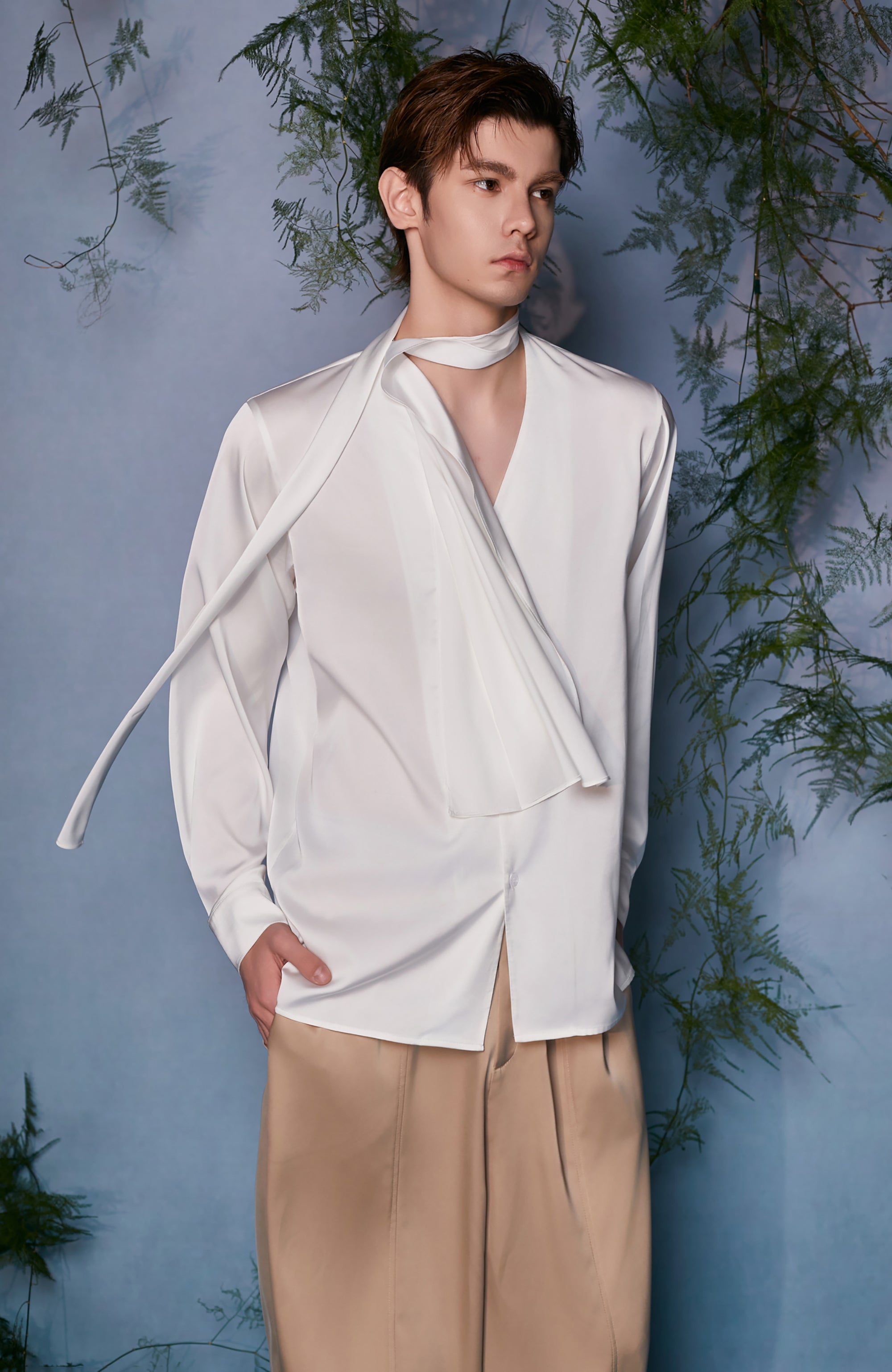 JIECHI Draped Satin Scarf-Collar Shirt