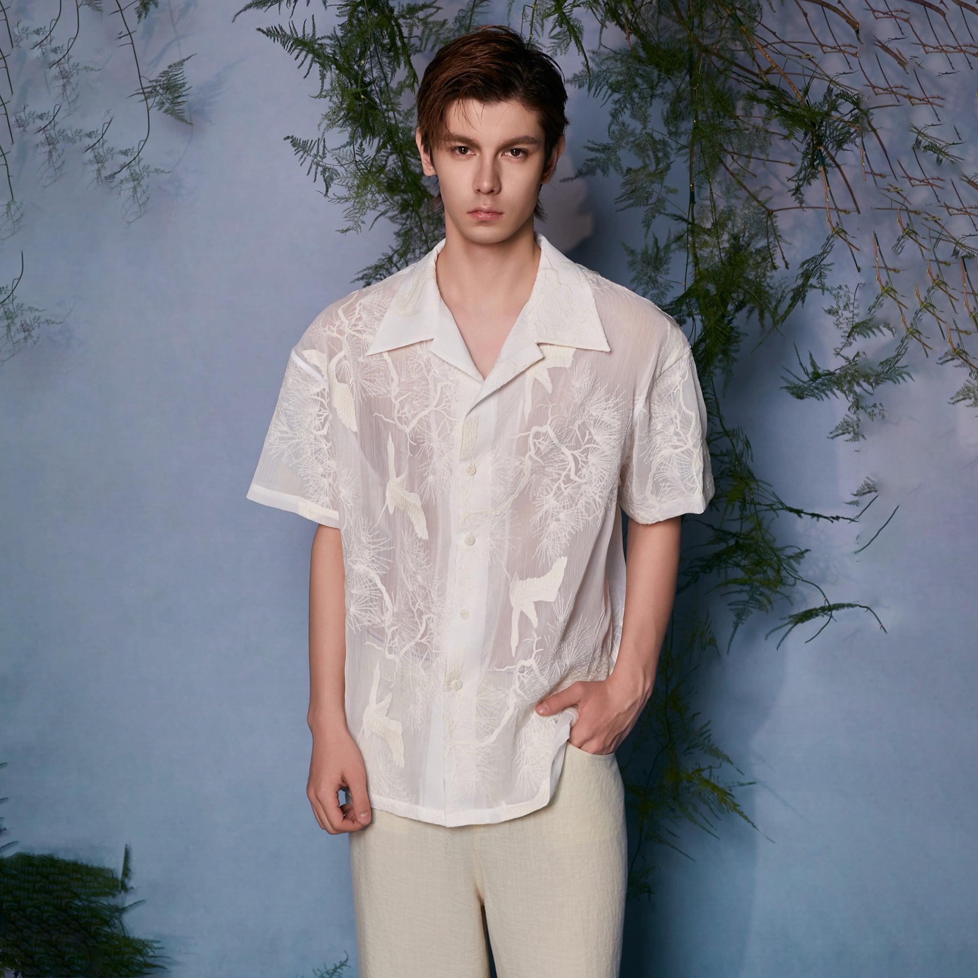 JIECHI Sheer Crane Embroidered Half Shirt
