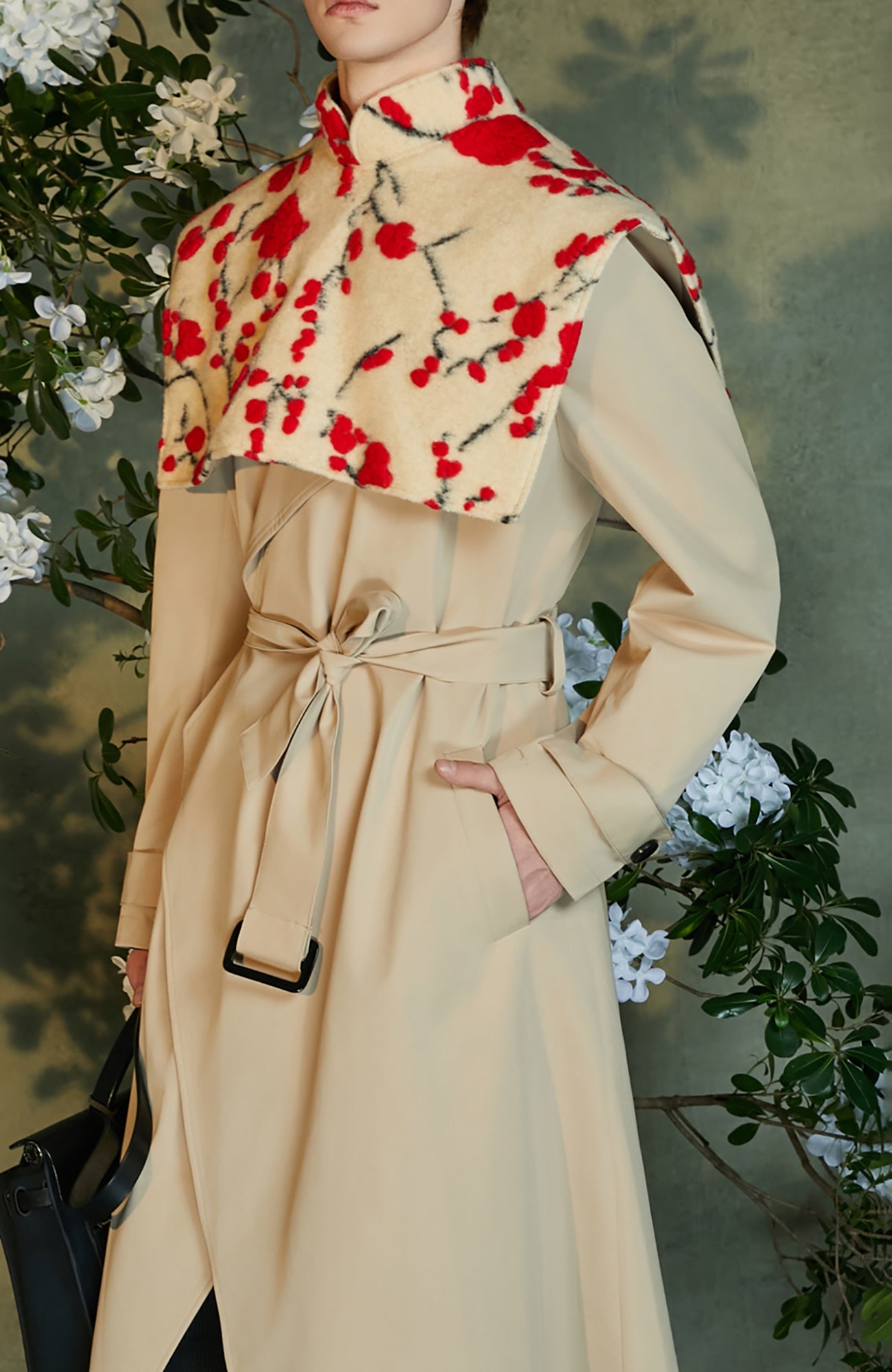 JIECHI Detachable Jacquard Cape Belted Coat