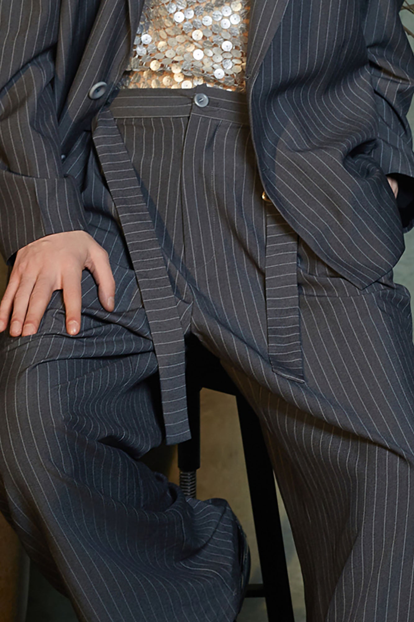 JIECHI Pinstriped Pleats Straight-Leg Trousers, premium urban and streetwear designers apparel on PROJECTISR.com, JIECHI