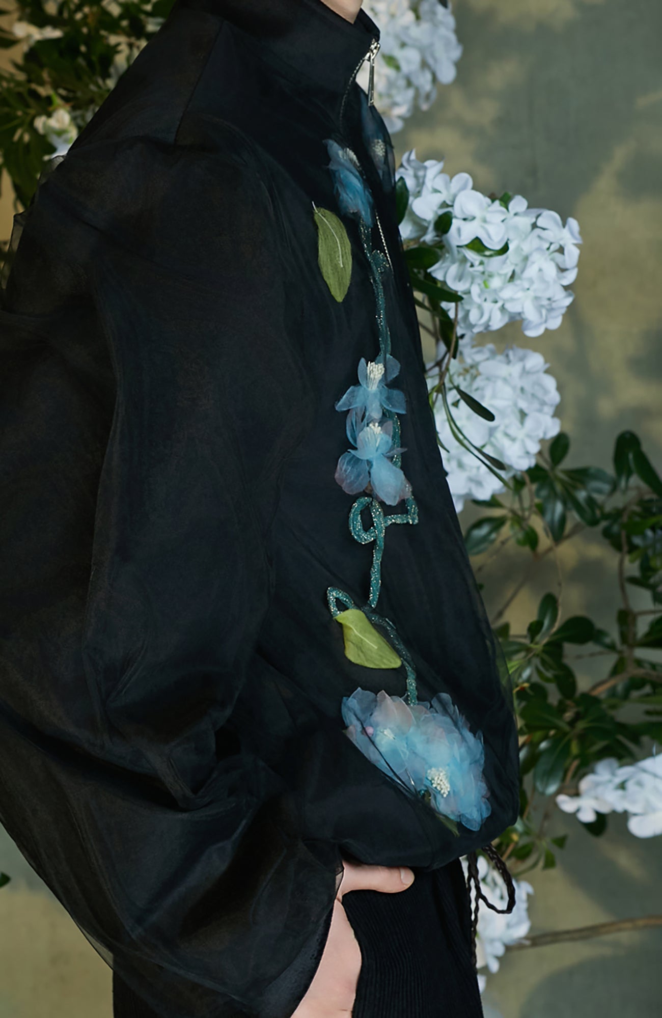 JIECHI Floral Embellished Velvet Sheer Layer Jacket