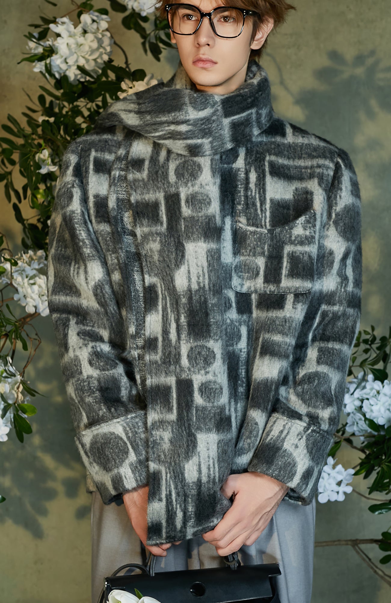 JIECHI Detachable Drape Geometry Full-Print Wool-Blend Jacket